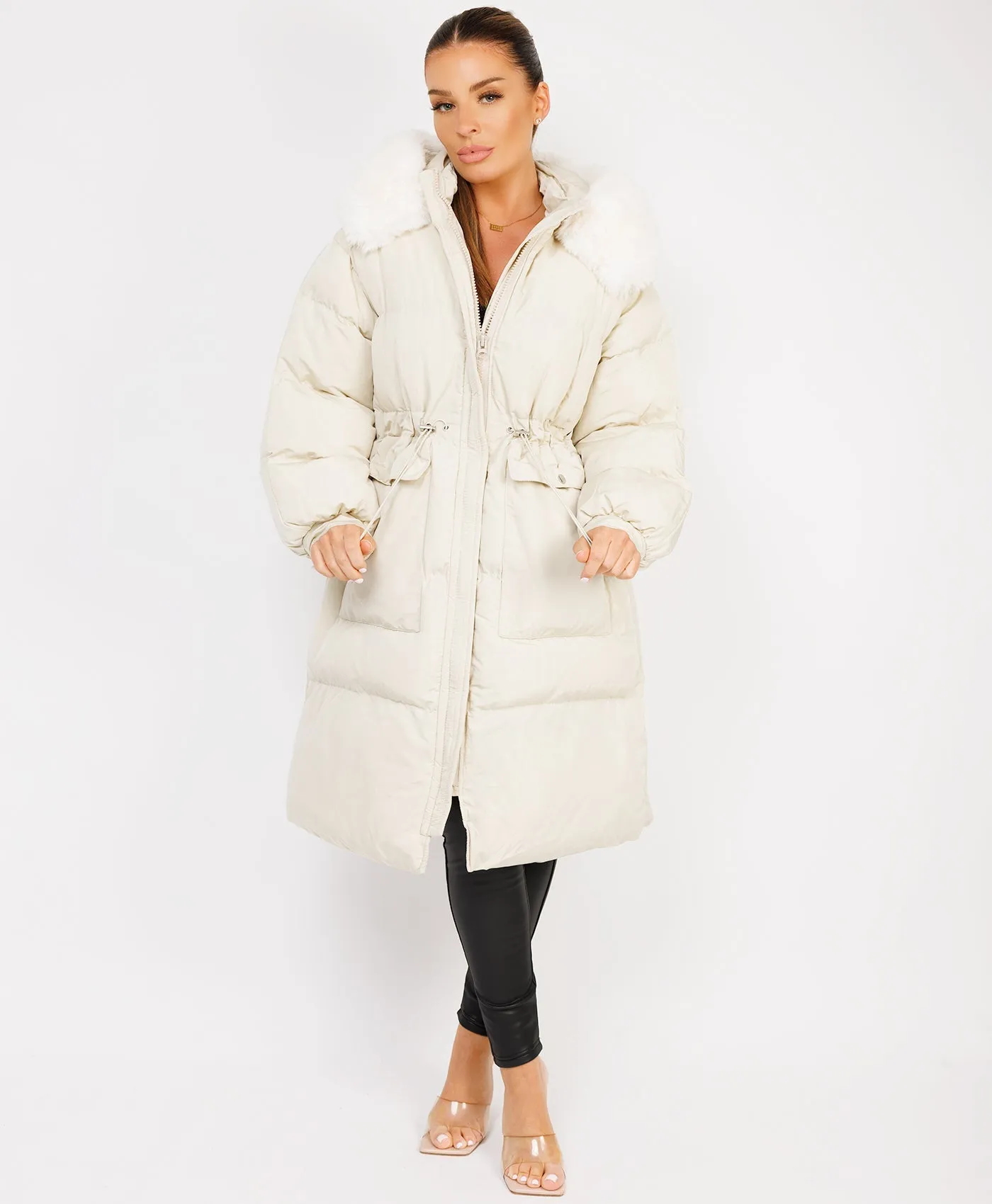 Cream Fluffy Faux Fur Hood Drawstring Waist Midi Puffer Jacket