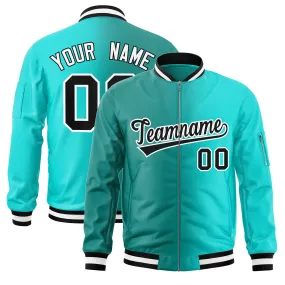 Custom Aqua Bright Green Full-Zip Gradient Fashion Letterman Bomber Jacket