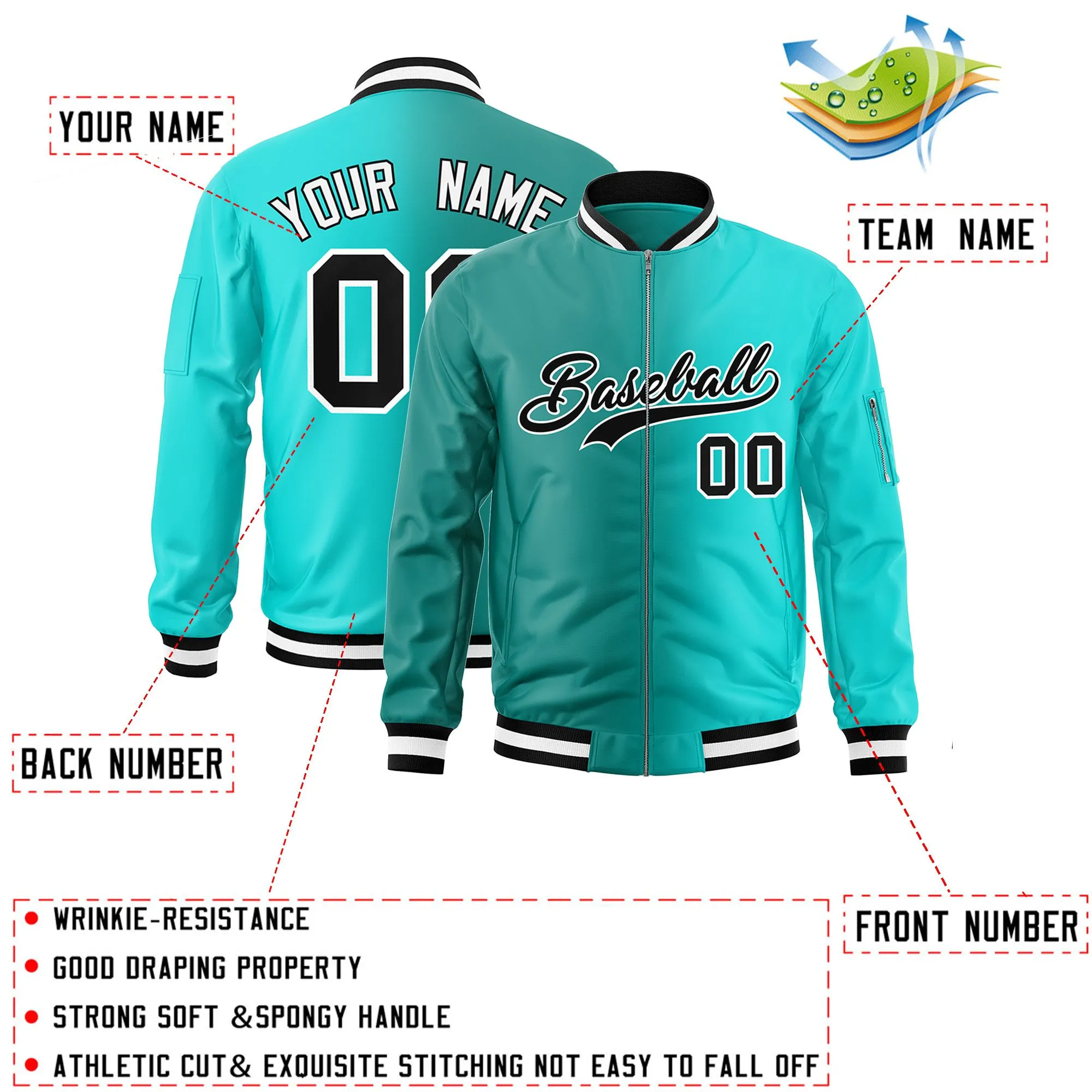 Custom Aqua Bright Green Full-Zip Gradient Fashion Letterman Bomber Jacket