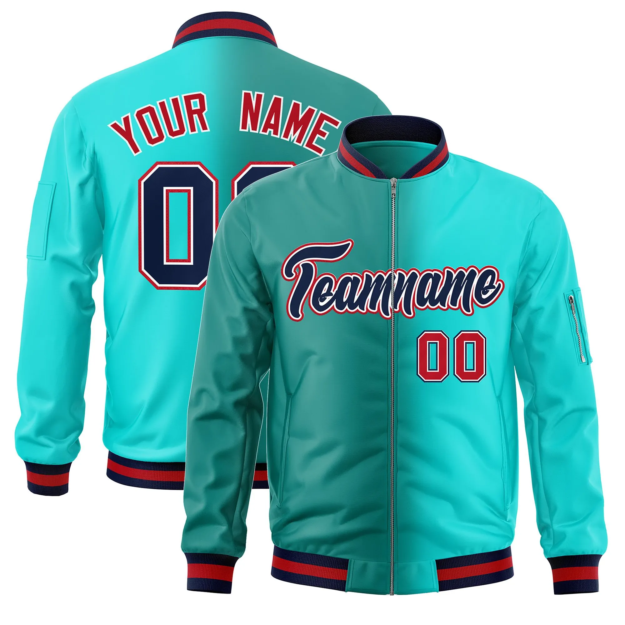 Custom Aqua Bright Green Full-Zip Gradient Fashion Letterman Bomber Jacket