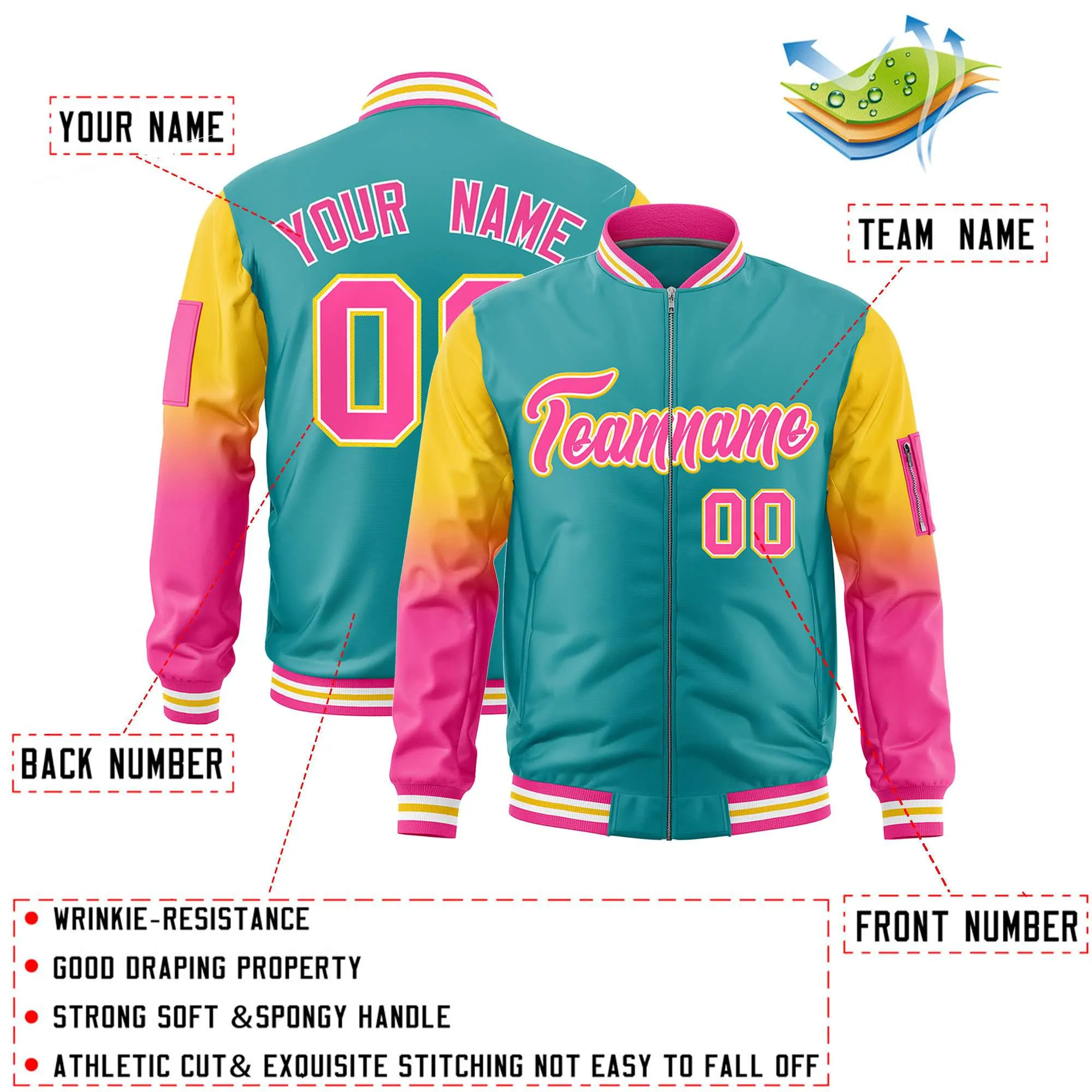 Custom Aqua Gold-Pink Gaglan Sleeve Gradient Varsity Full-Zip Letterman Bomber Jacket