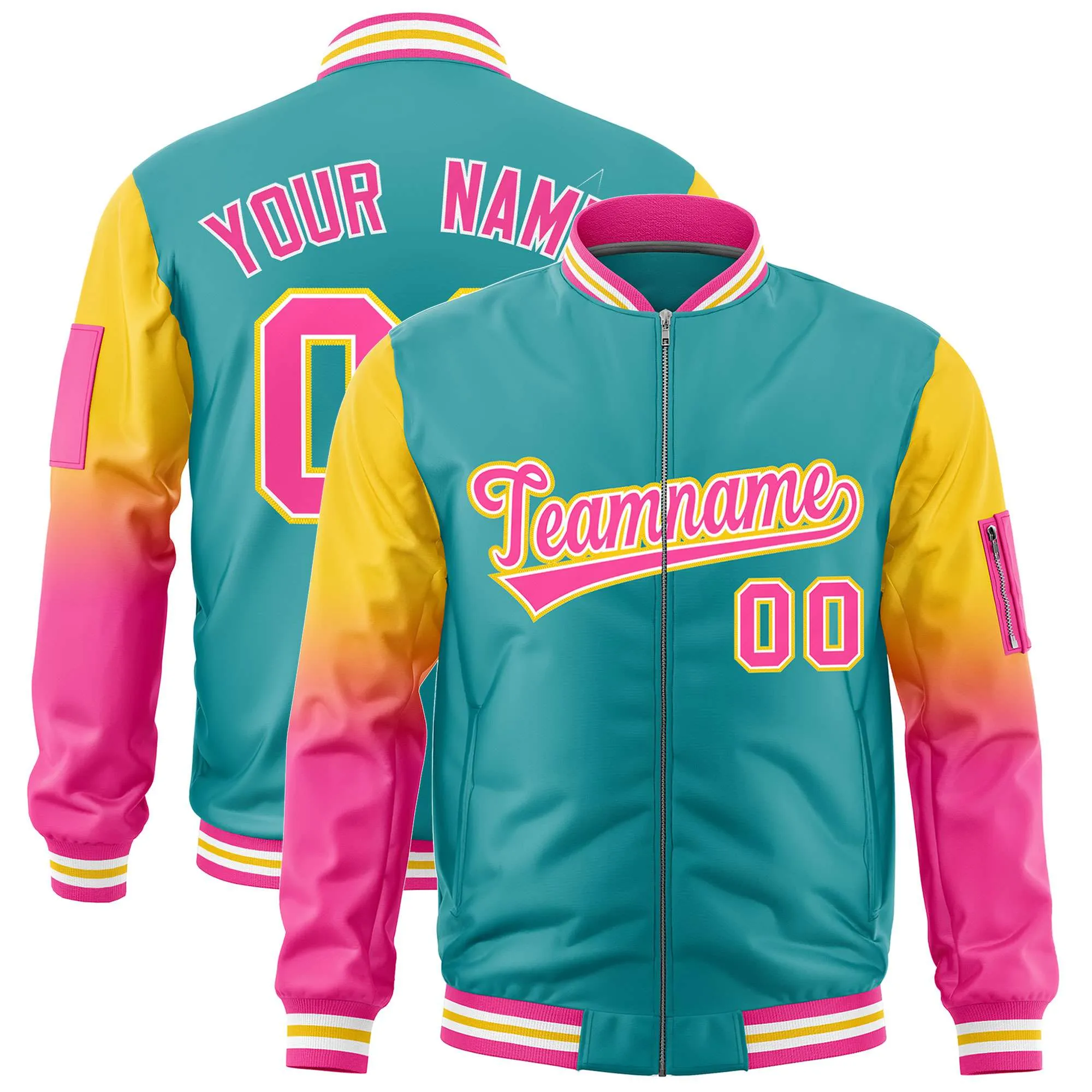 Custom Aqua Gold-Pink Gaglan Sleeve Gradient Varsity Full-Zip Letterman Bomber Jacket