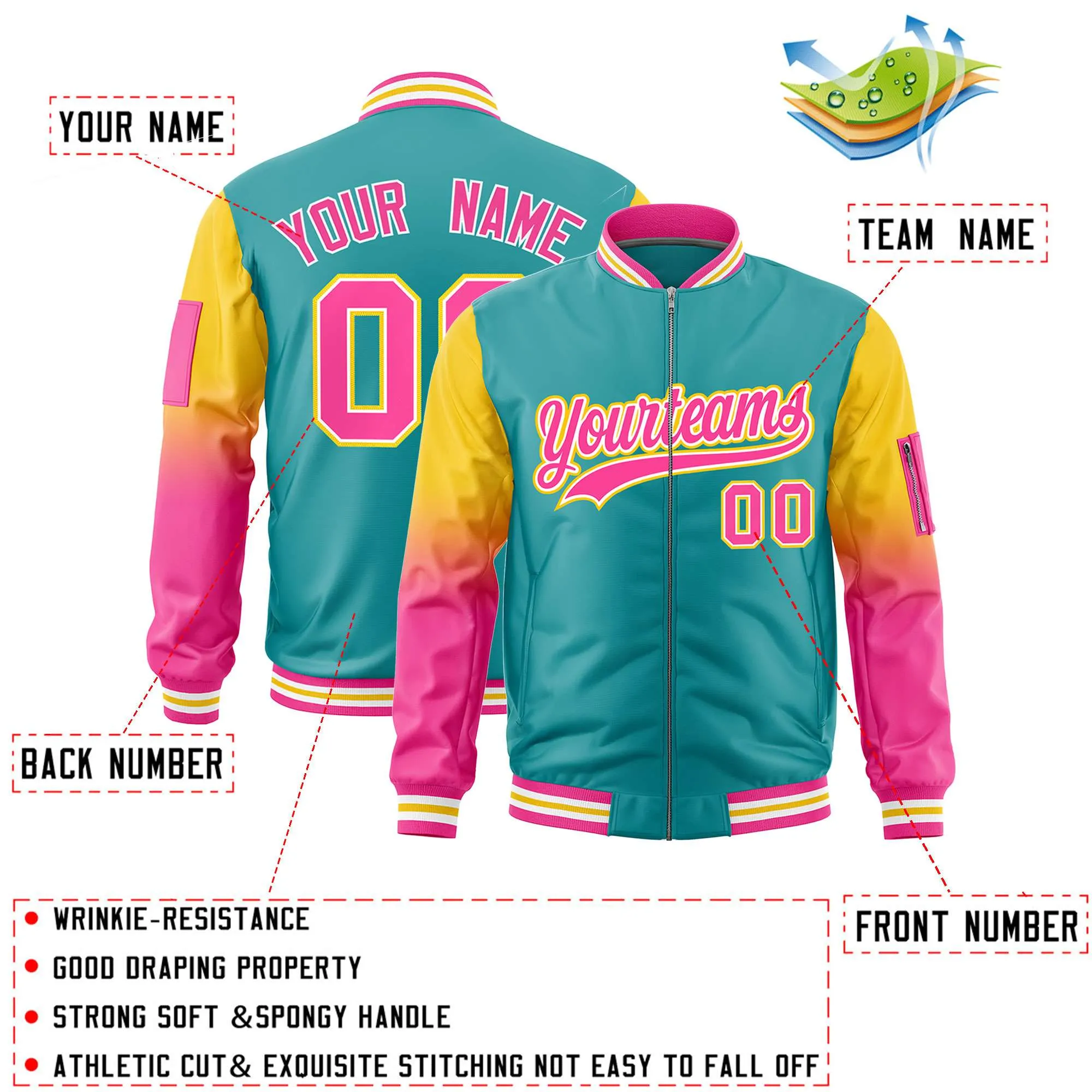 Custom Aqua Gold-Pink Gaglan Sleeve Gradient Varsity Full-Zip Letterman Bomber Jacket