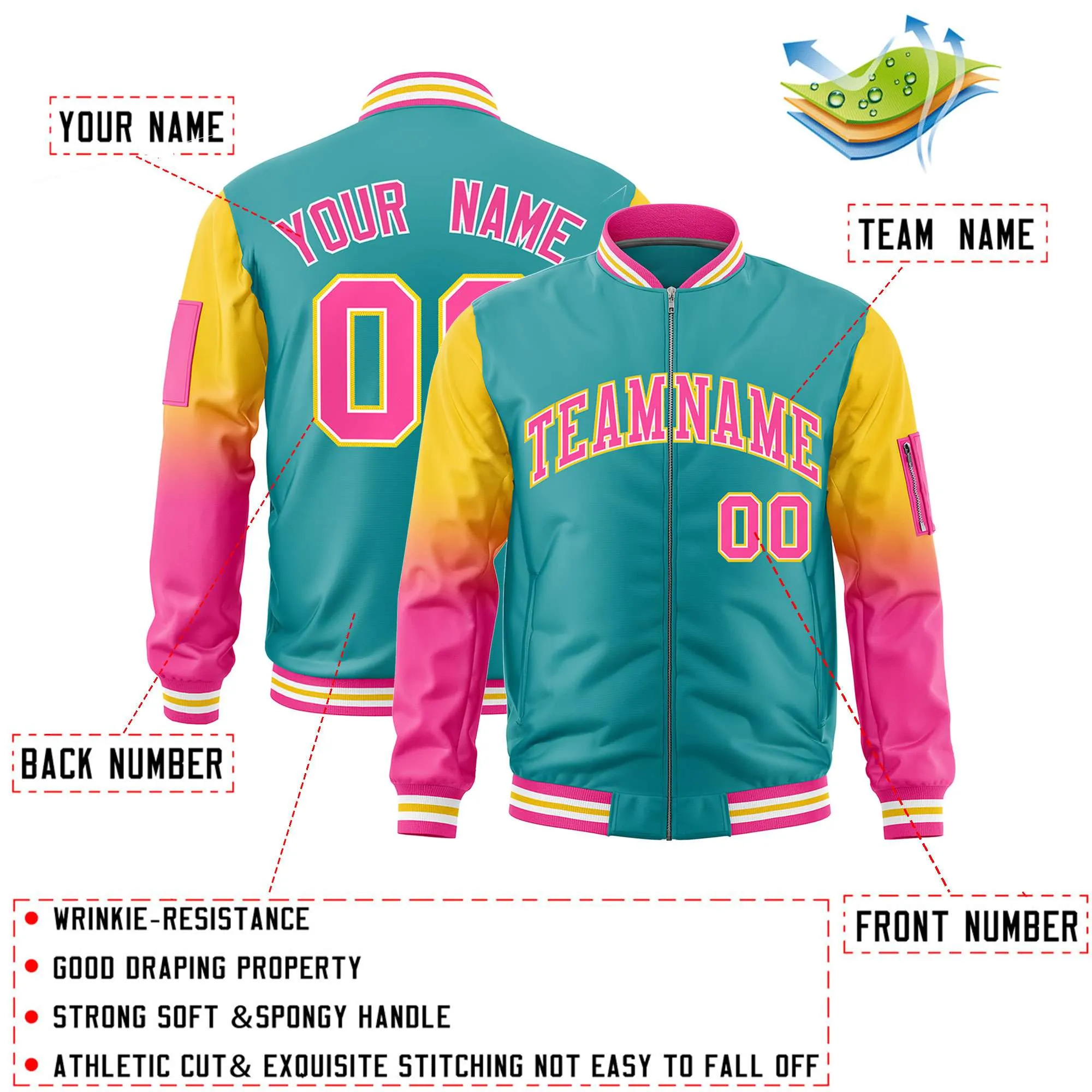 Custom Aqua Gold-Pink Gaglan Sleeve Gradient Varsity Full-Zip Letterman Bomber Jacket