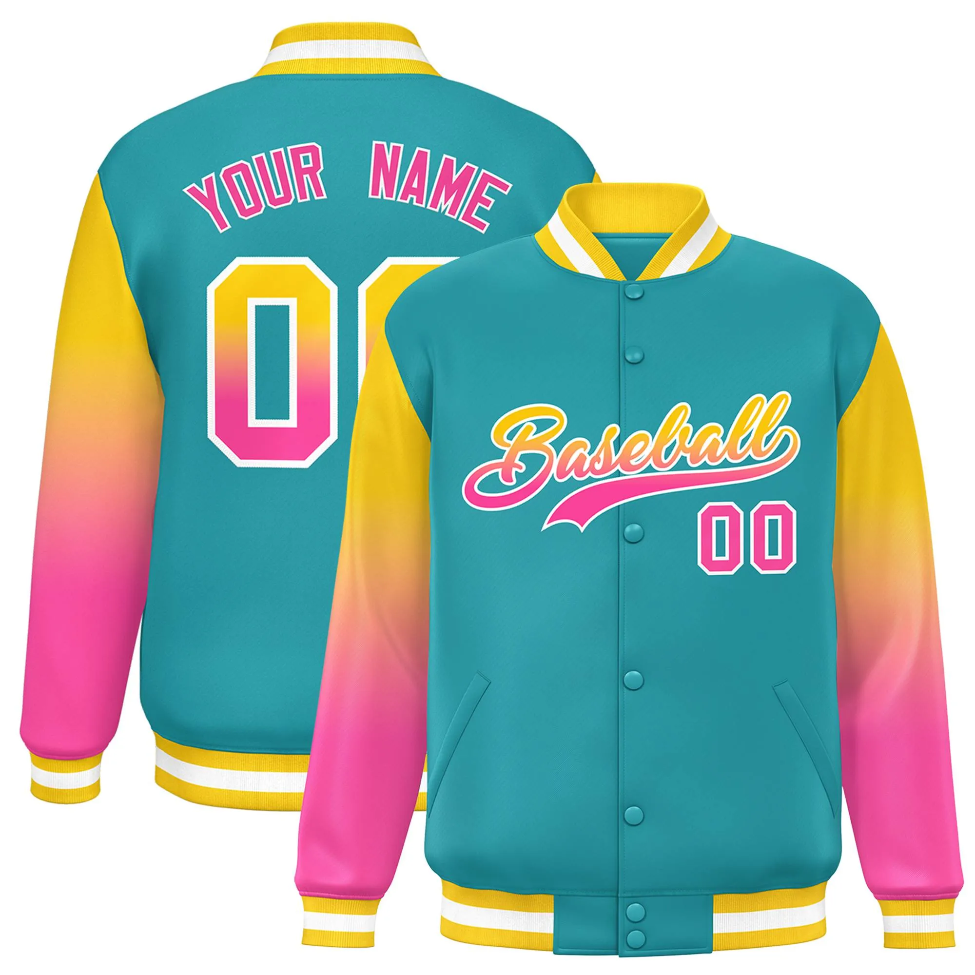 Custom Aqua Gold-Pink Gradient Varsity Full-Snap Raglan Sleeves Baseball Jacket