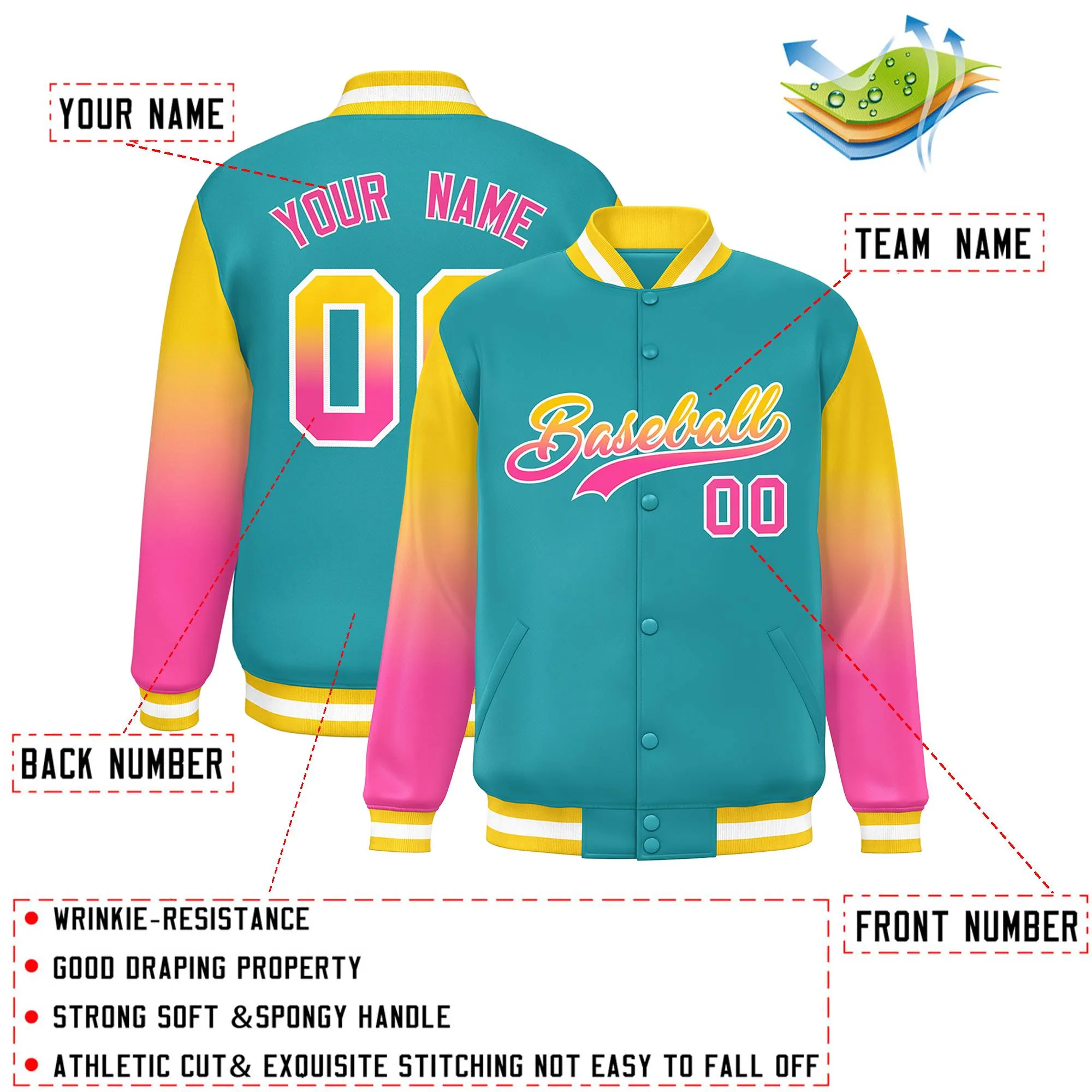 Custom Aqua Gold-Pink Gradient Varsity Full-Snap Raglan Sleeves Baseball Jacket