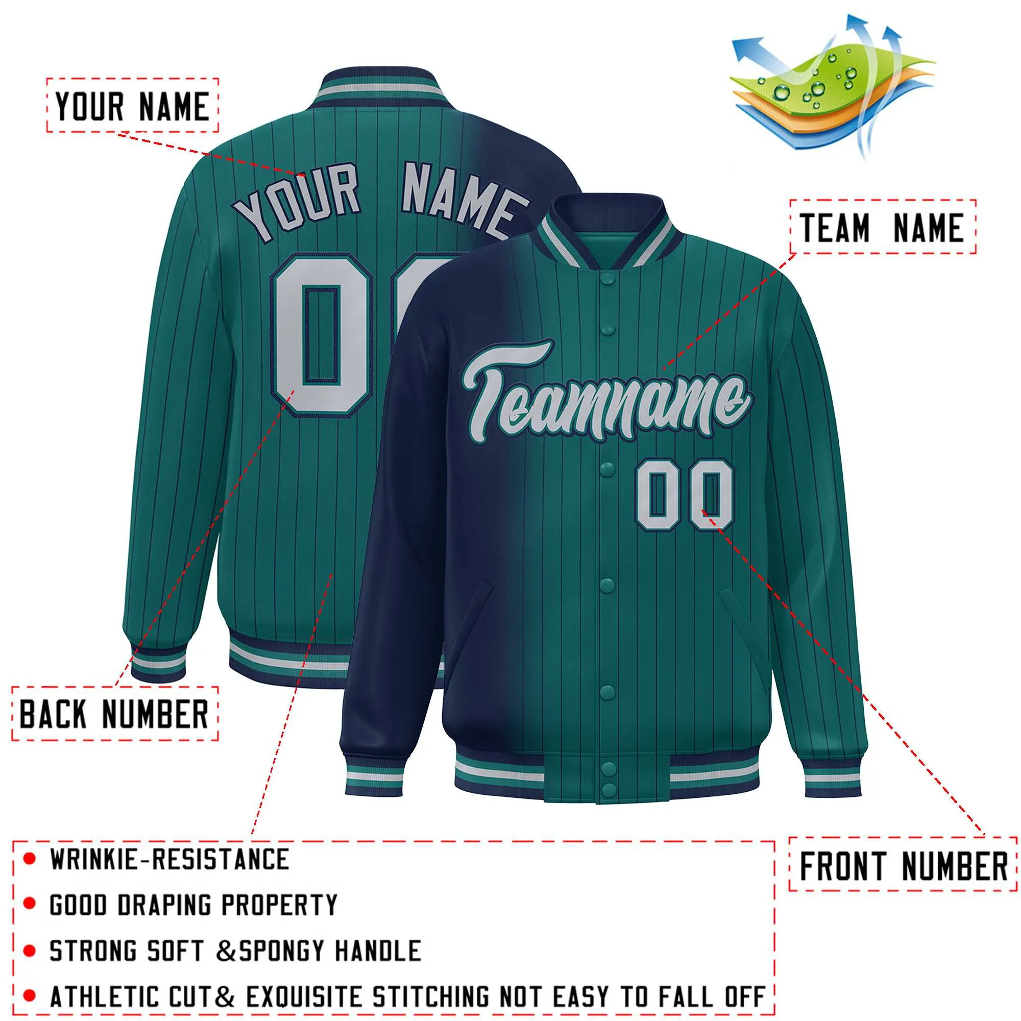 Custom Aqua Navy Gradient Varsity Full-Snap Pinstripe Letterman Baseball Jacket