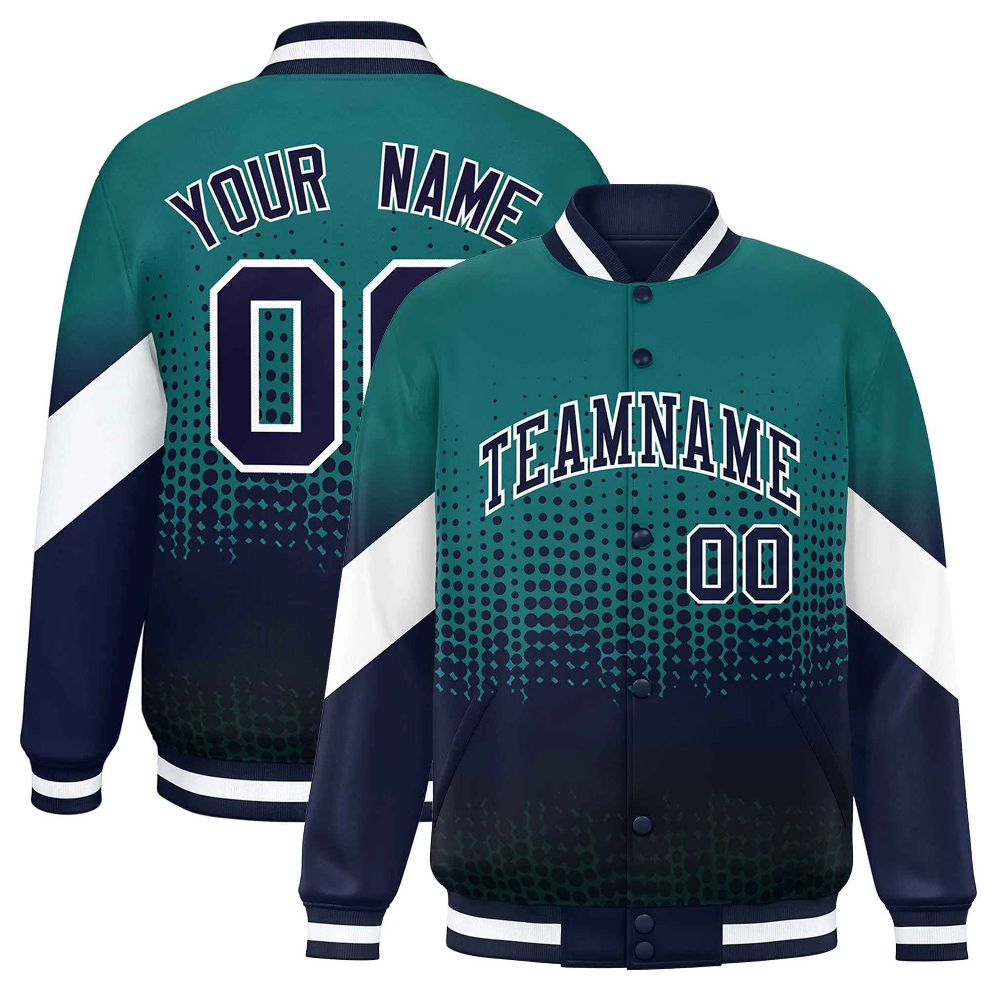 Custom Aqua Navy Gradient Varsity Full-Snap Polka Dot Pattern Letterman Baseball Jacket