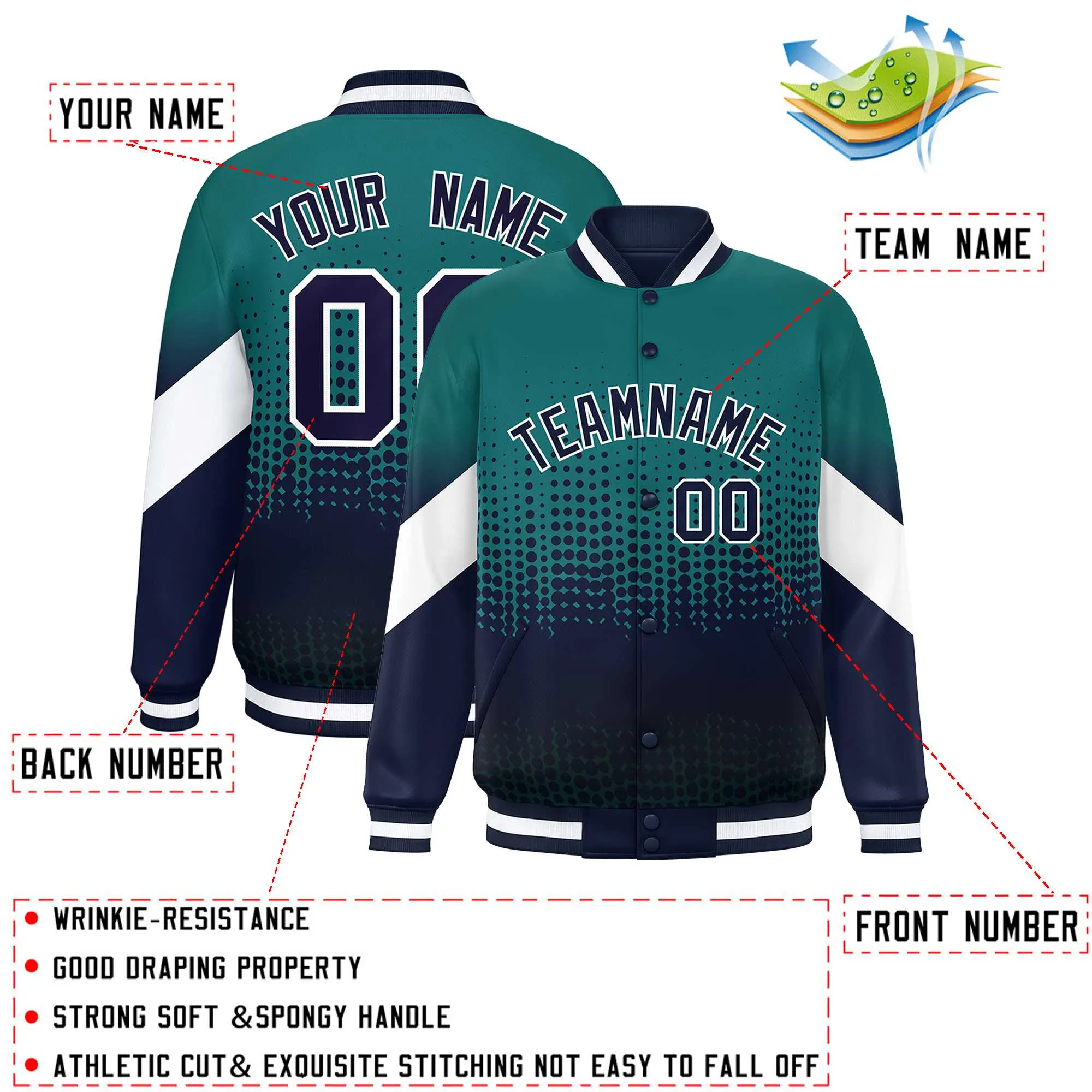 Custom Aqua Navy Gradient Varsity Full-Snap Polka Dot Pattern Letterman Baseball Jacket