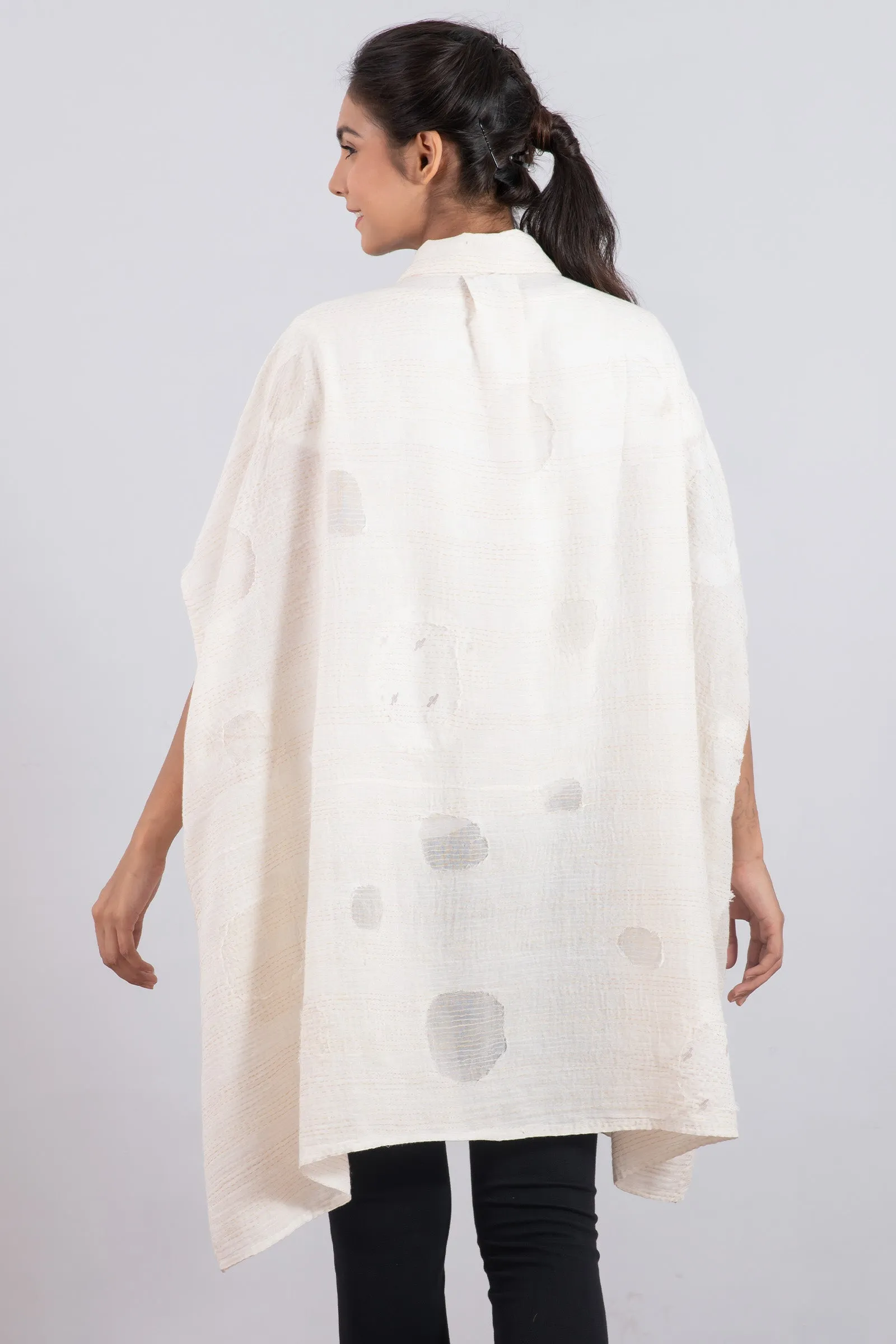 CUT THROUGH DOT AND HOLES KANTHA SHIRT PONCHO