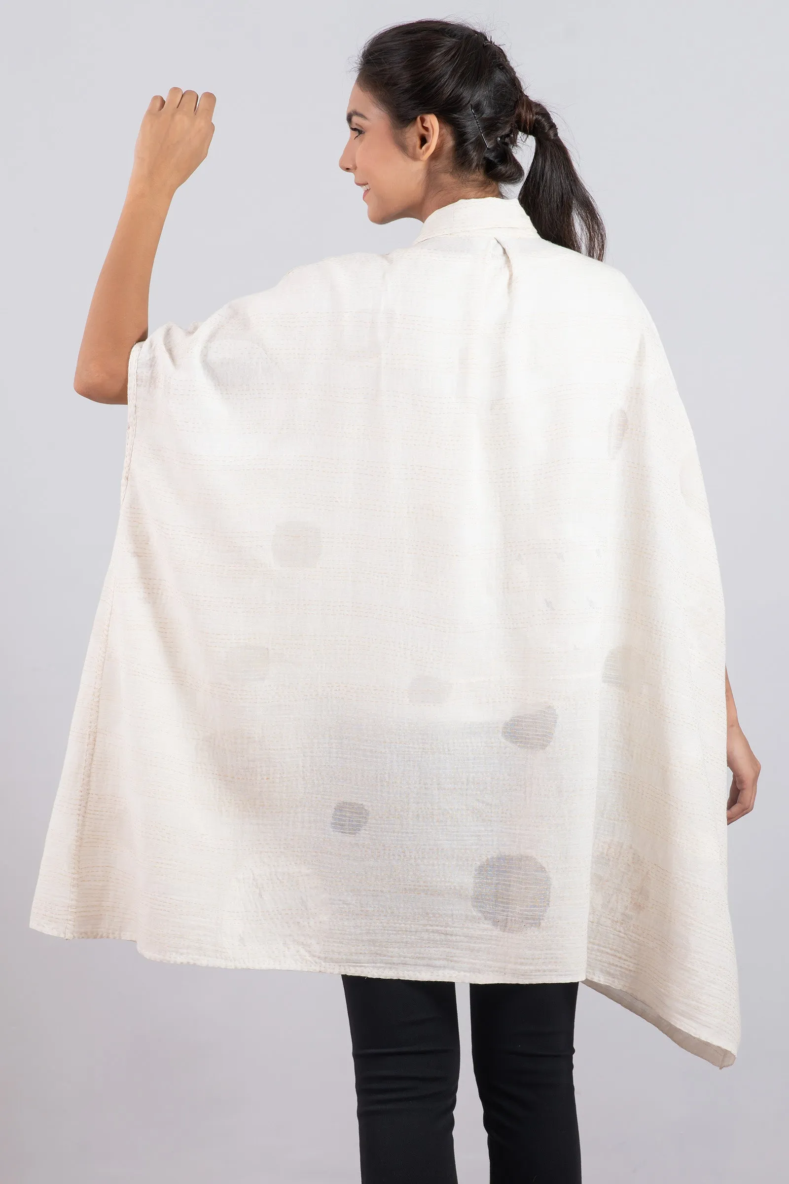 CUT THROUGH DOT AND HOLES KANTHA SHIRT PONCHO