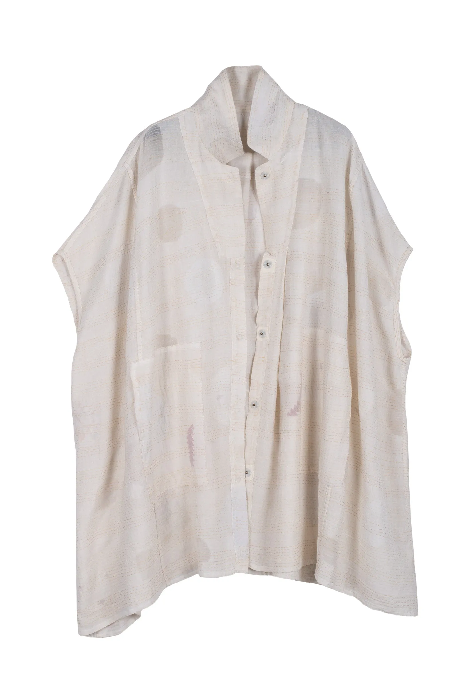 CUT THROUGH DOT AND HOLES KANTHA SHIRT PONCHO