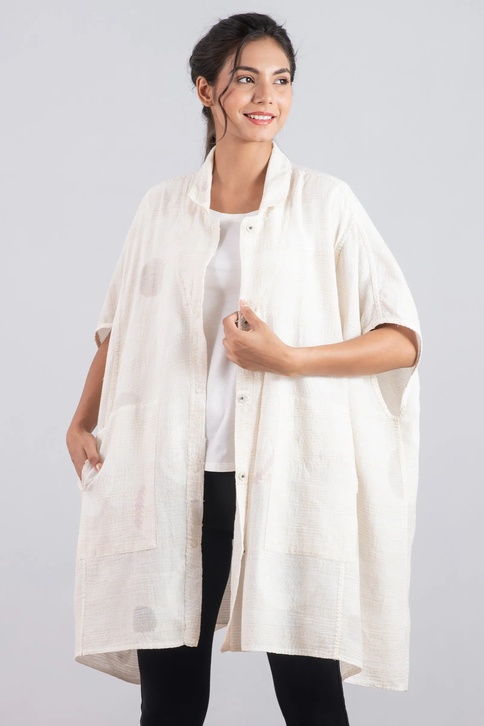 CUT THROUGH DOT AND HOLES KANTHA SHIRT PONCHO