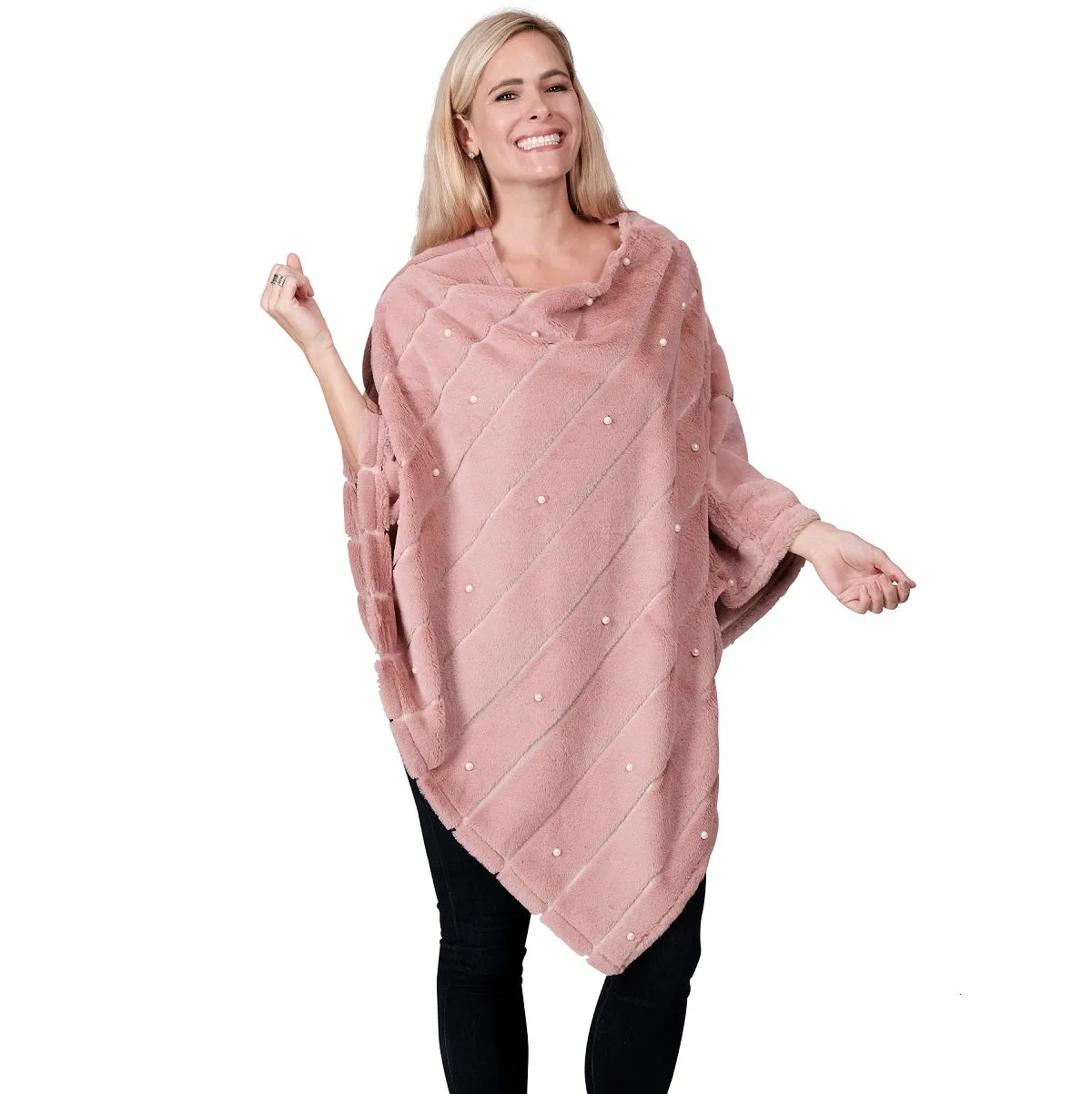 Dusty Rose Faux Fur Pearl Poncho