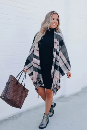 Elaina Plaid Fringe Poncho - Pink