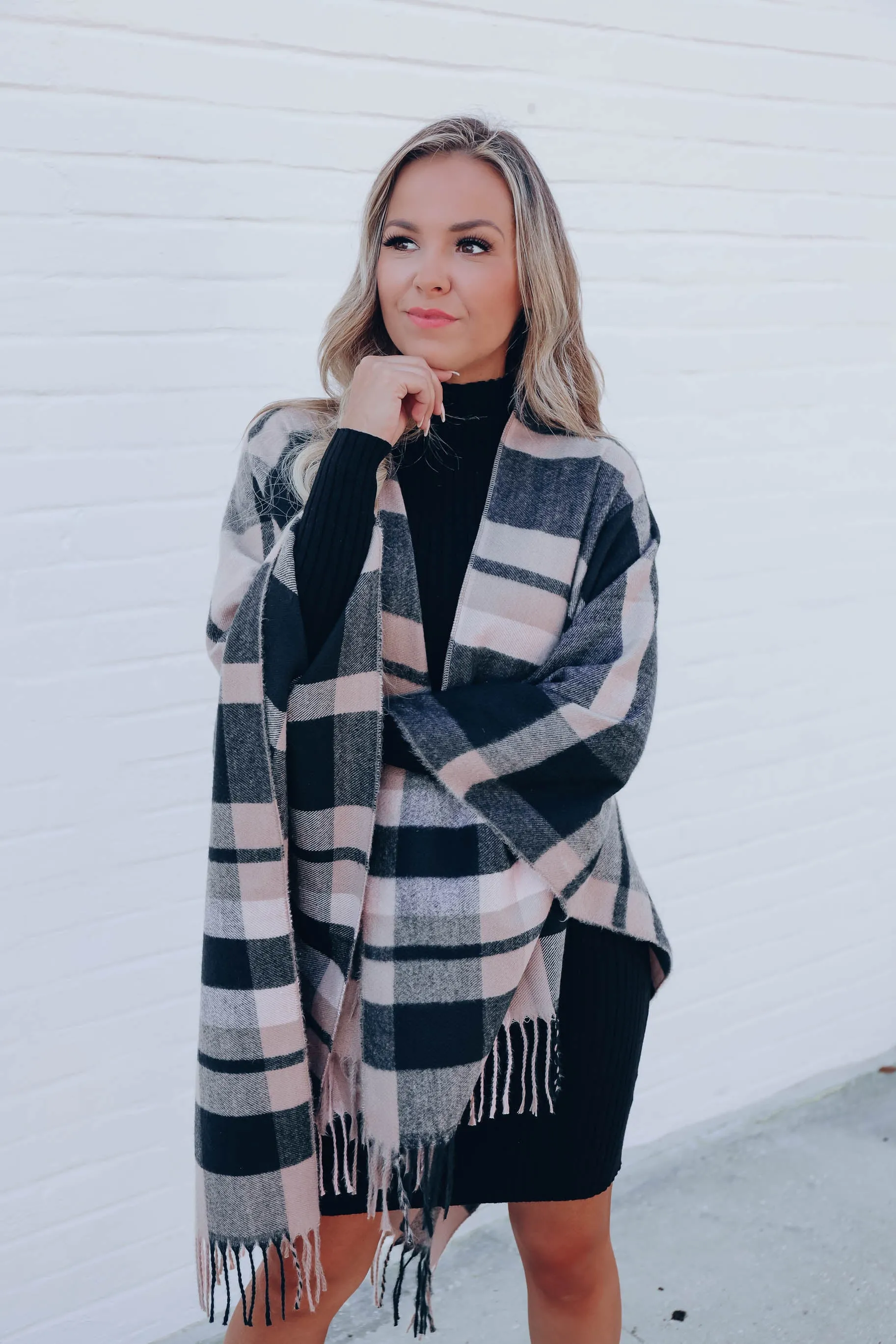 Elaina Plaid Fringe Poncho - Pink