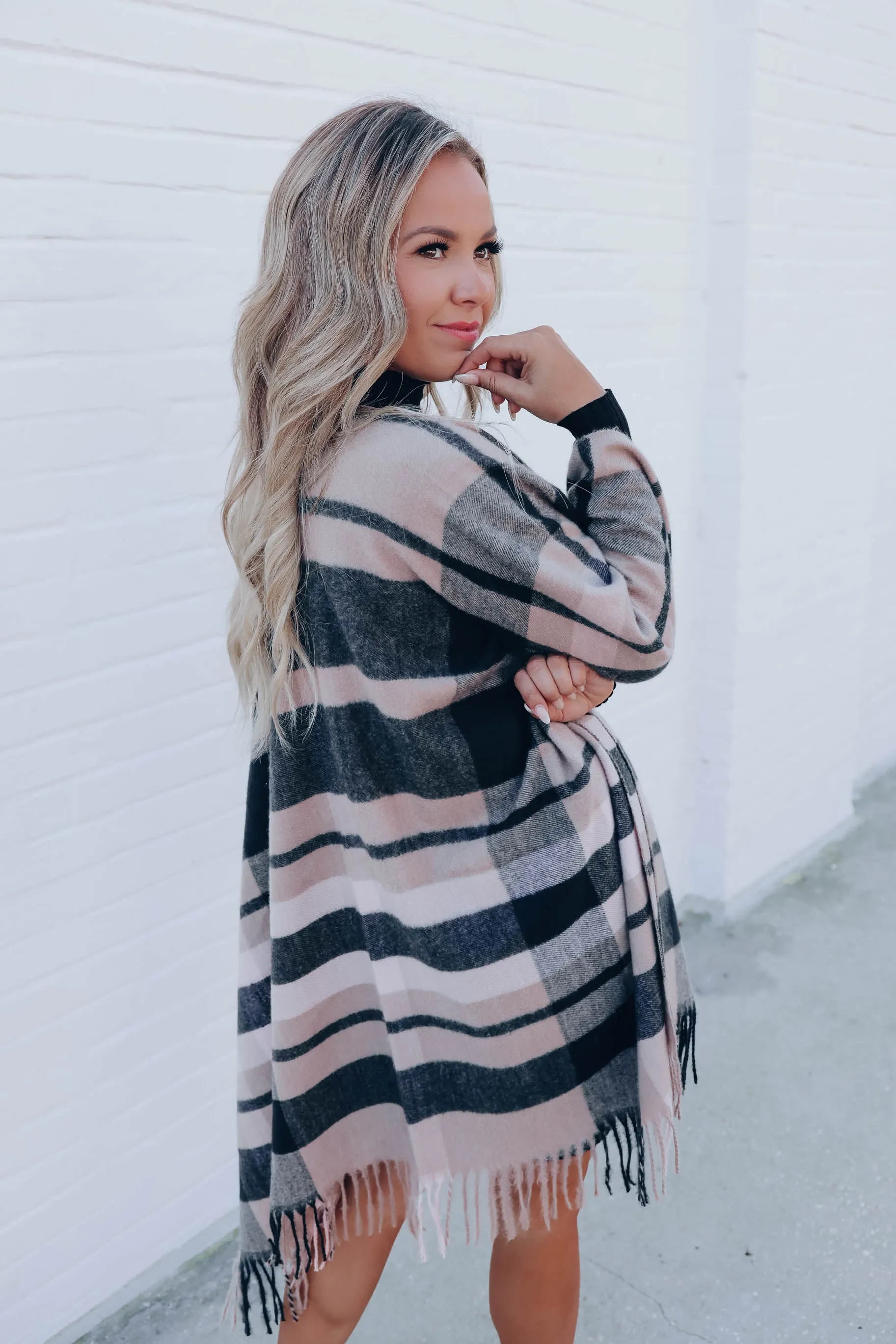 Elaina Plaid Fringe Poncho - Pink