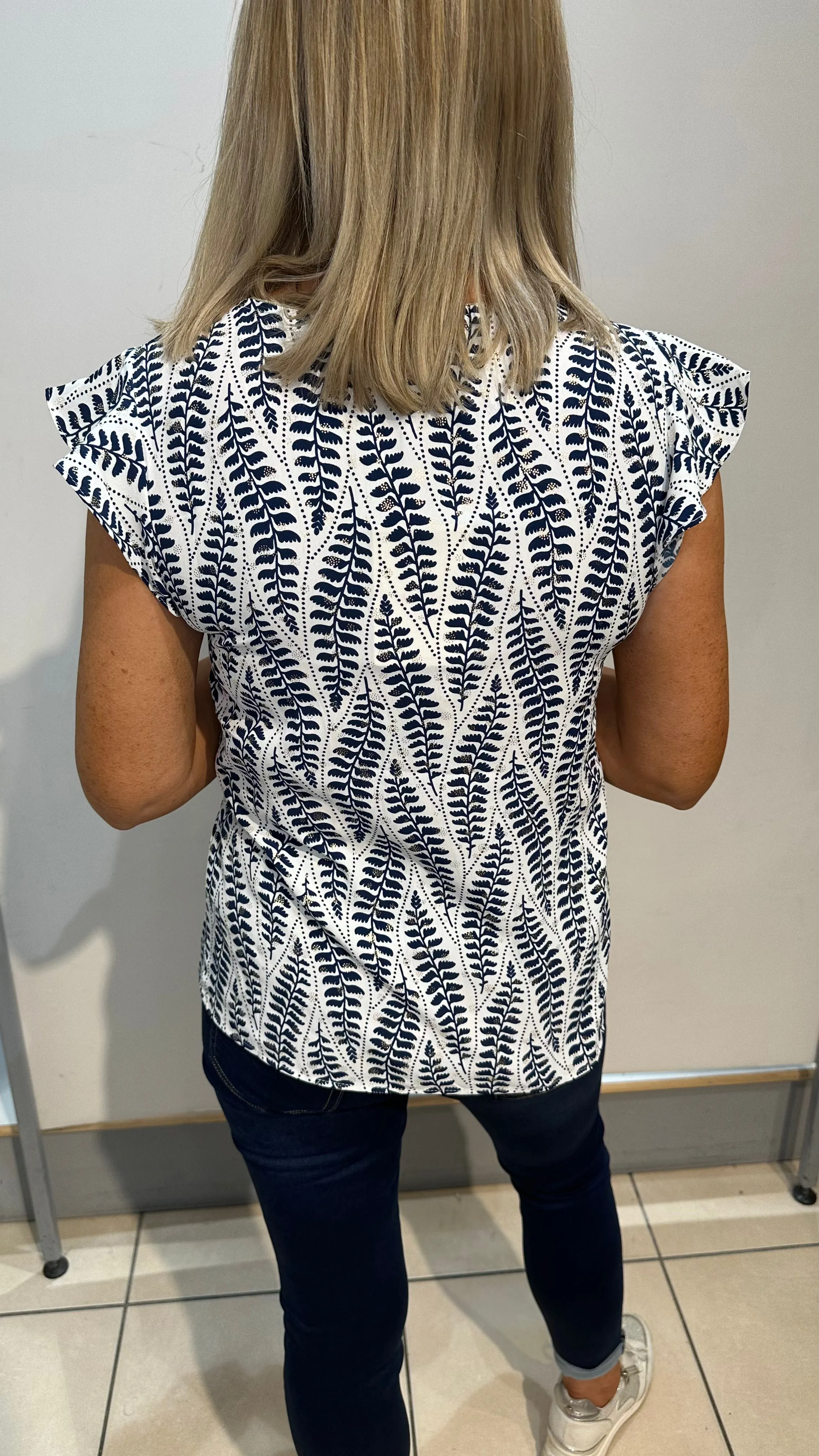 Eve - White/Navy Print Top with Gold Detail.