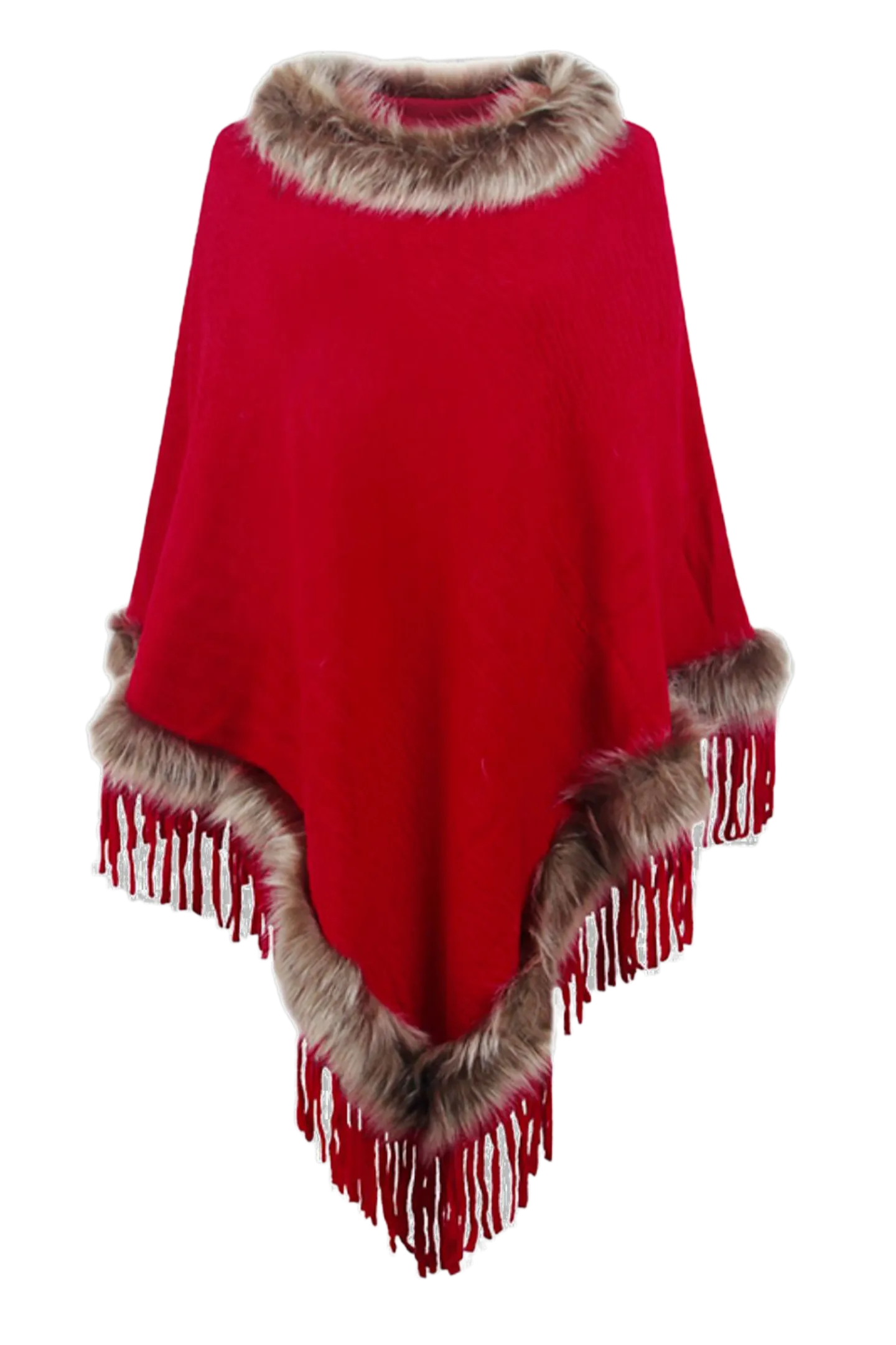 Faux Fur Trim Fringed Poncho