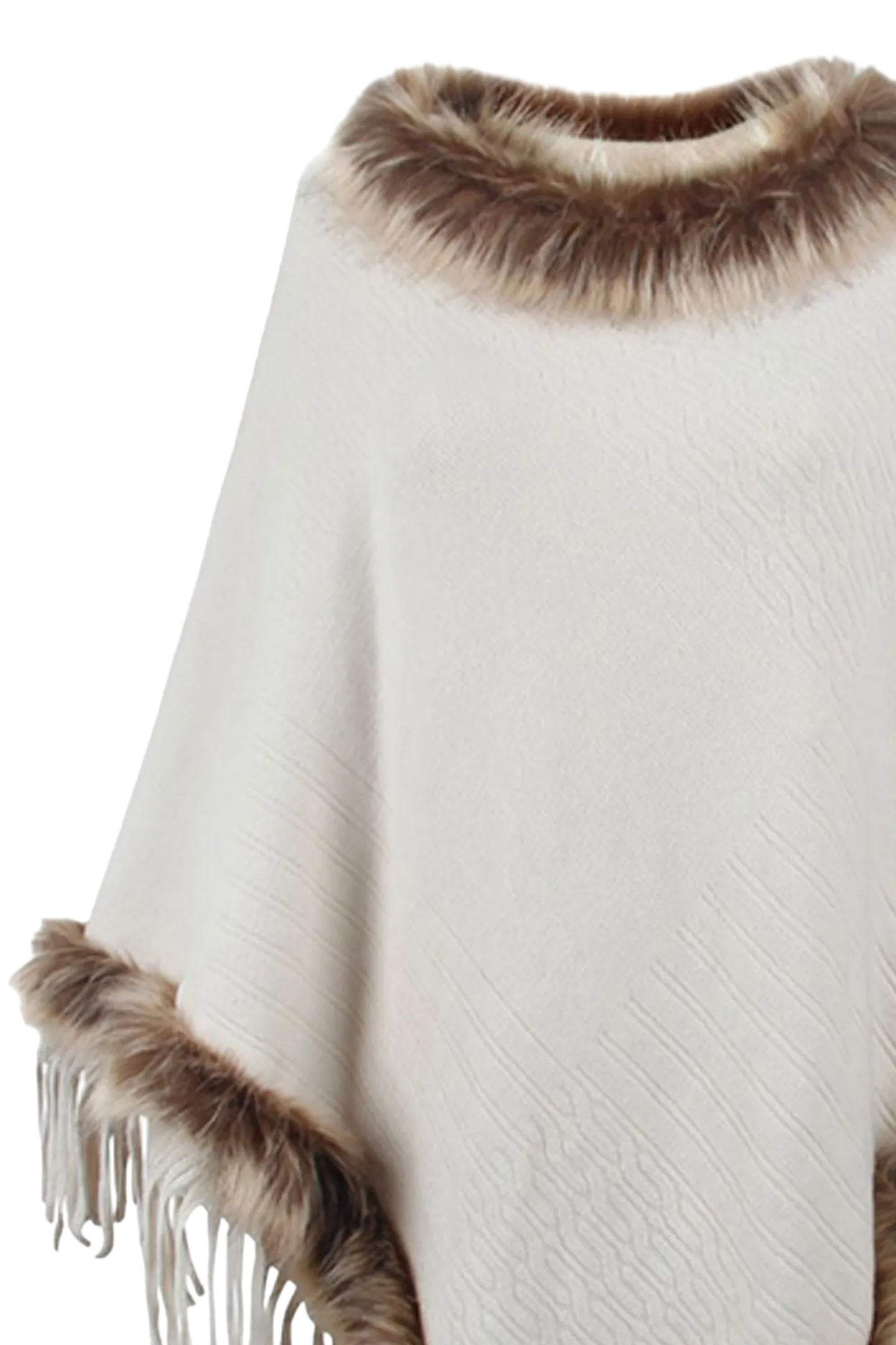 Faux Fur Trim Fringed Poncho