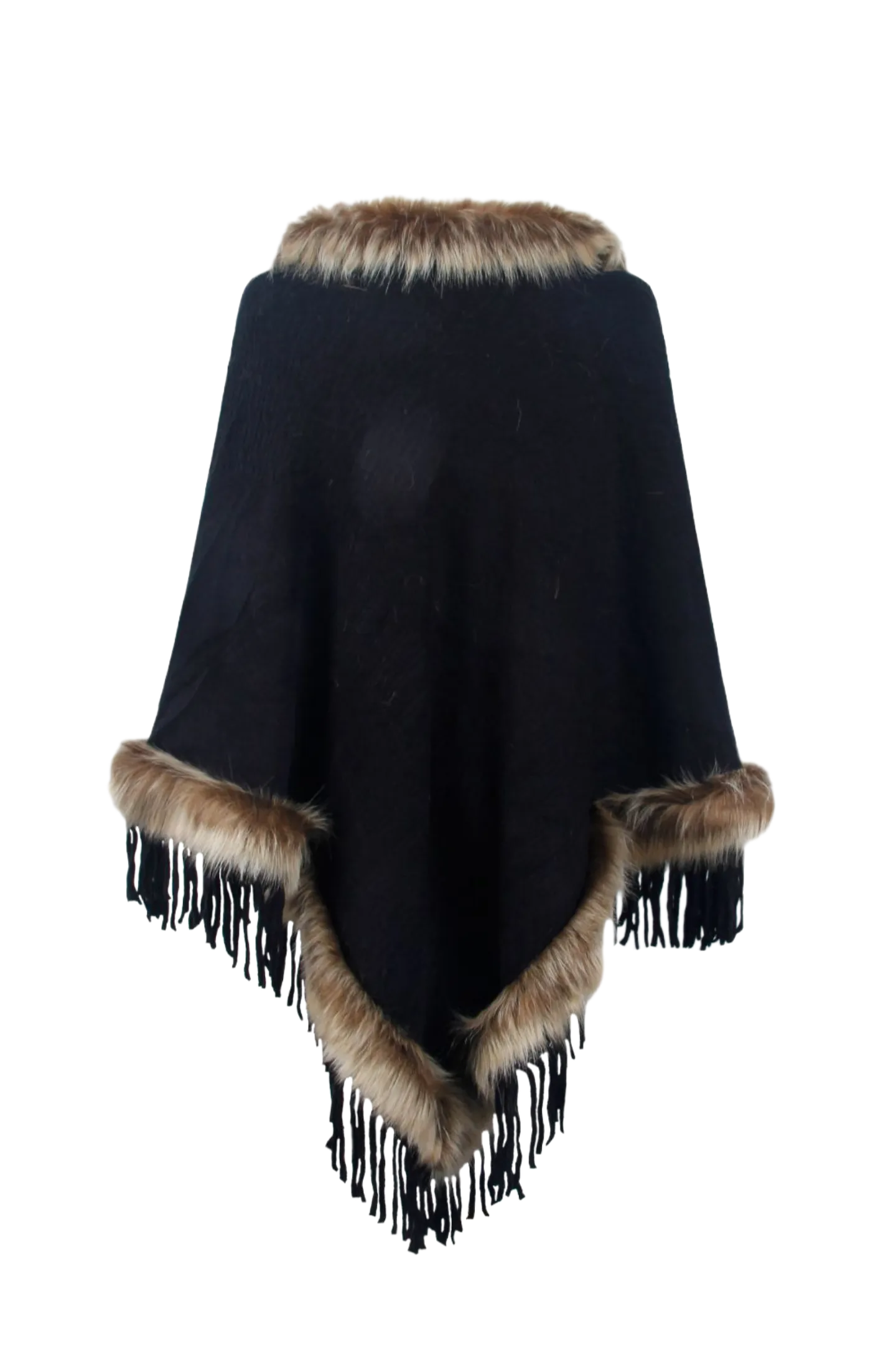 Faux Fur Trim Fringed Poncho