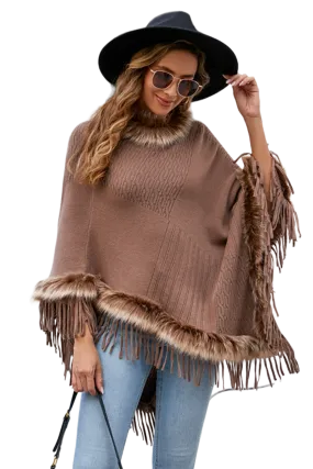 Faux Fur Trim Fringed Poncho