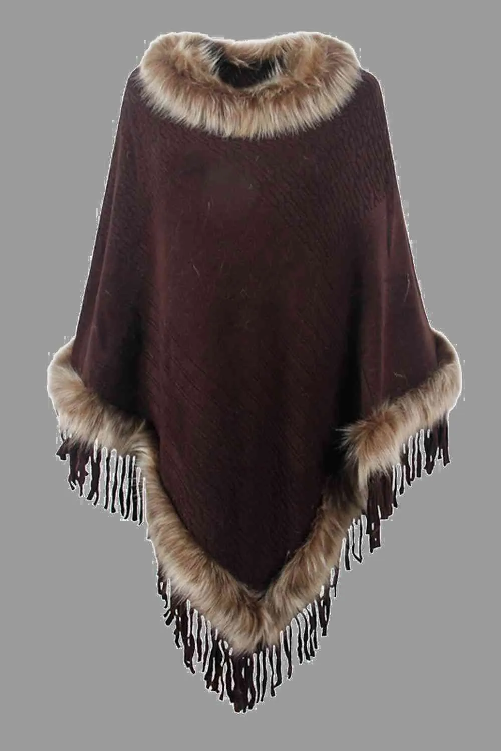 Faux Fur Trim Fringed Poncho