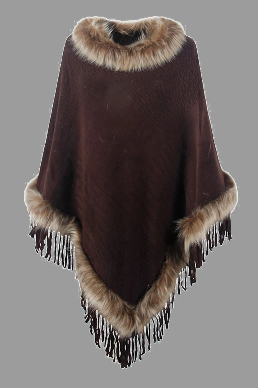 Faux Fur Trim Fringed Poncho