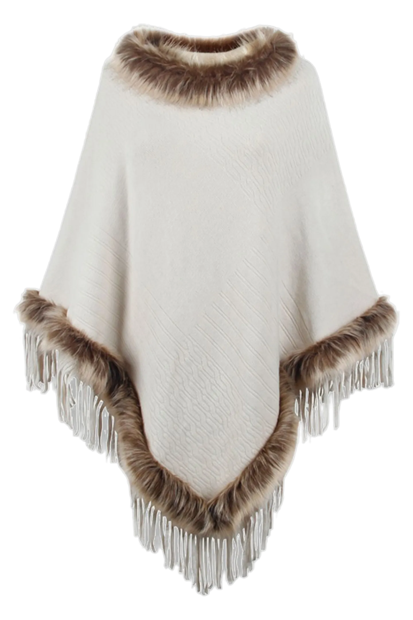 Faux Fur Trim Fringed Poncho