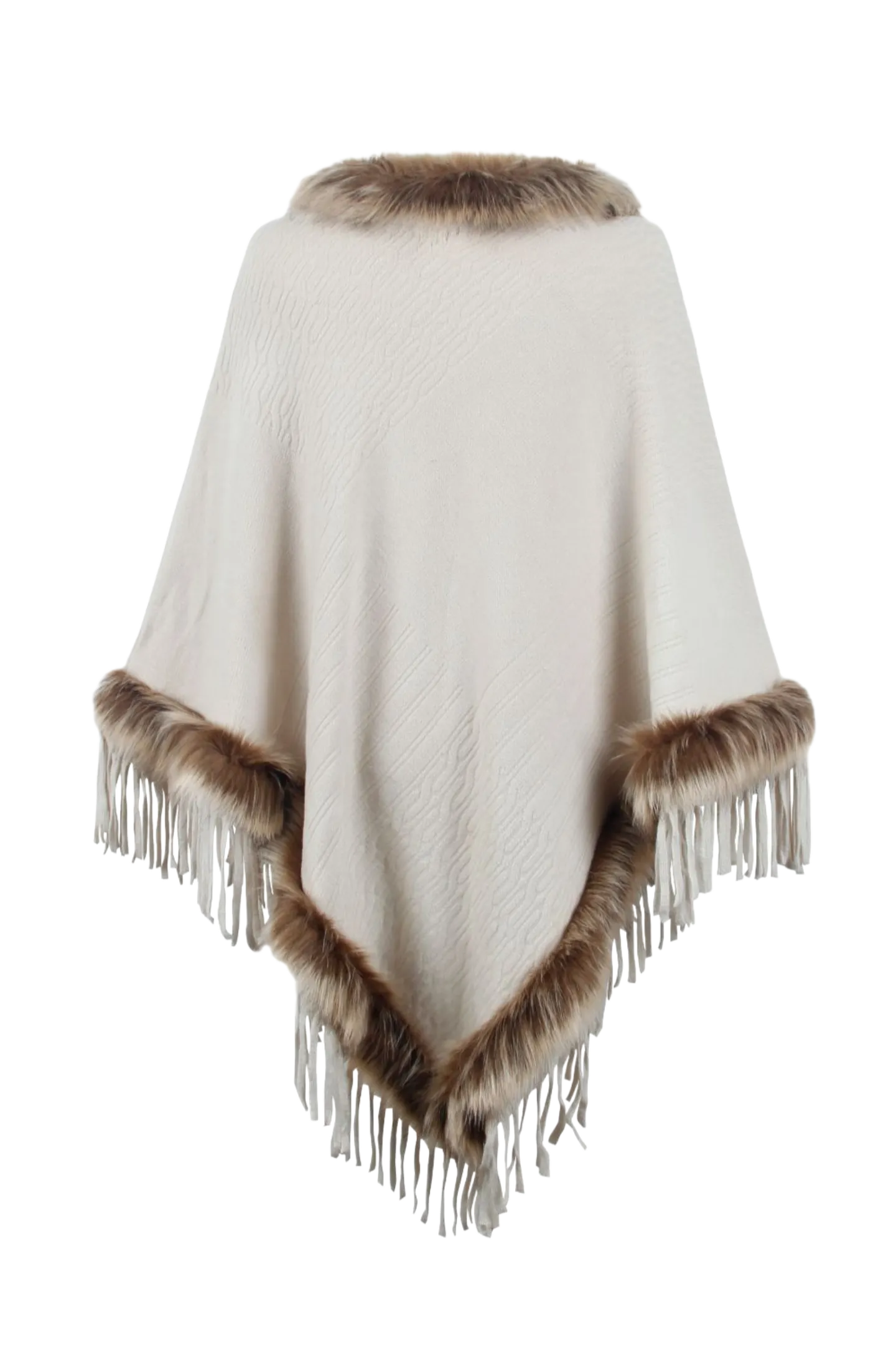 Faux Fur Trim Fringed Poncho