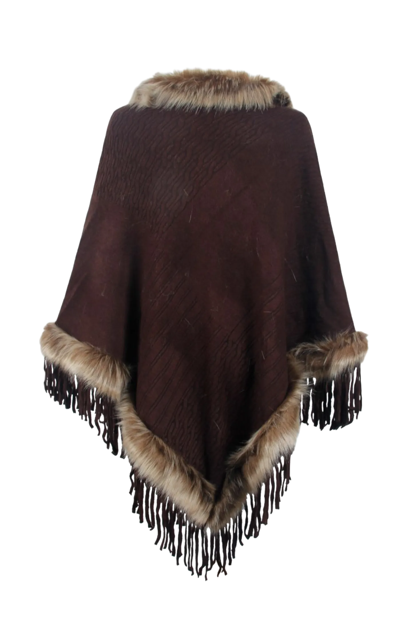 Faux Fur Trim Fringed Poncho