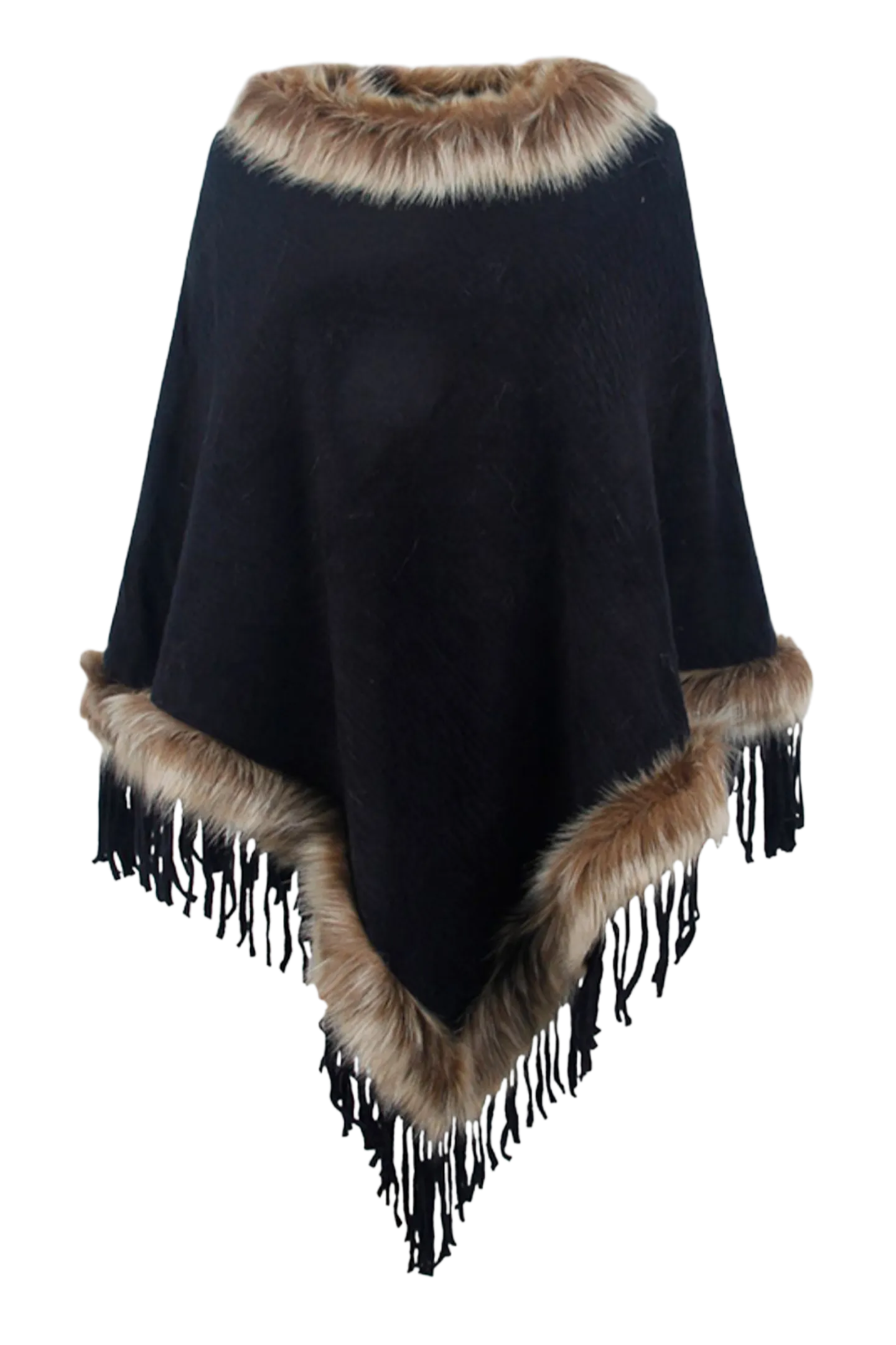 Faux Fur Trim Fringed Poncho