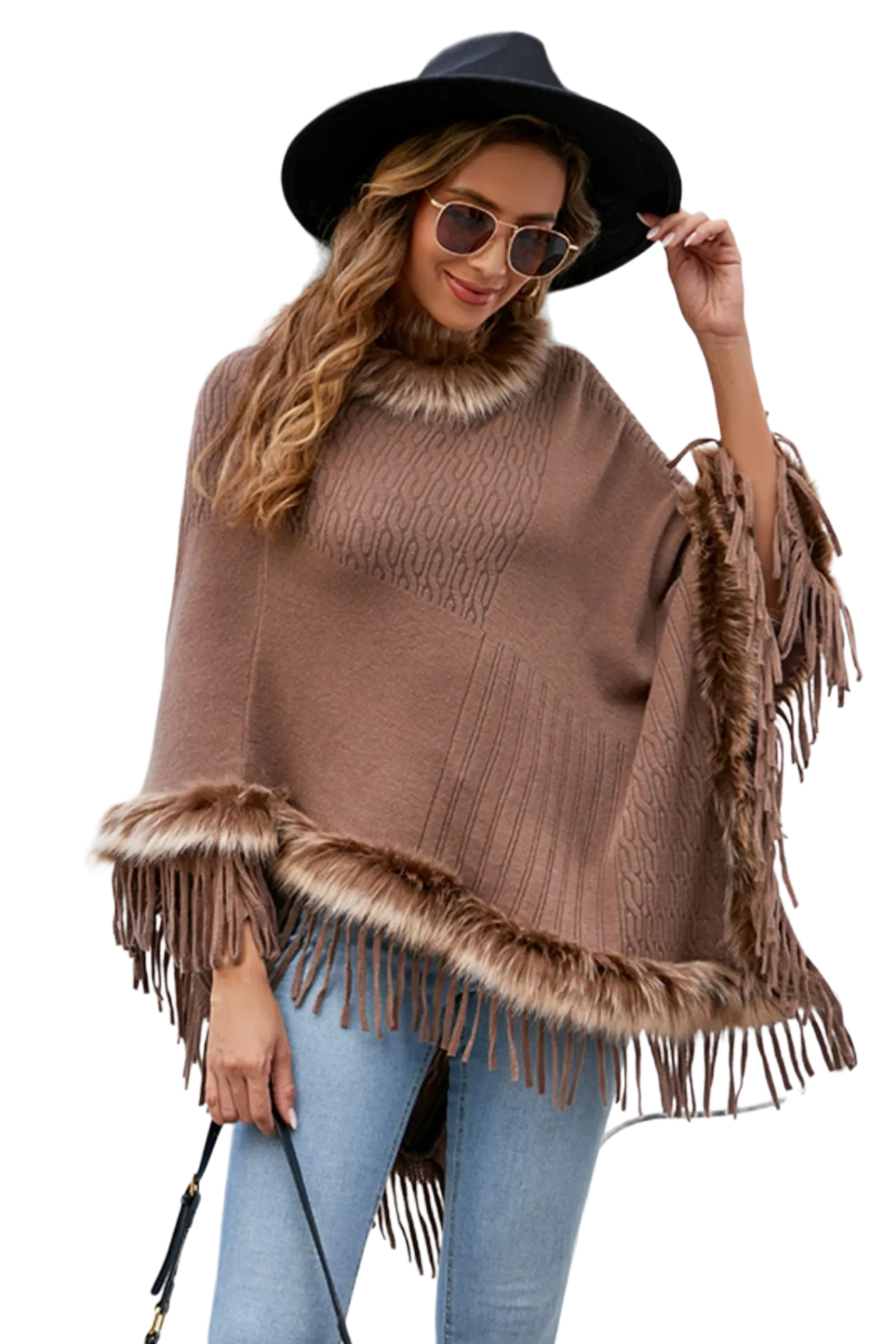 Faux Fur Trim Fringed Poncho