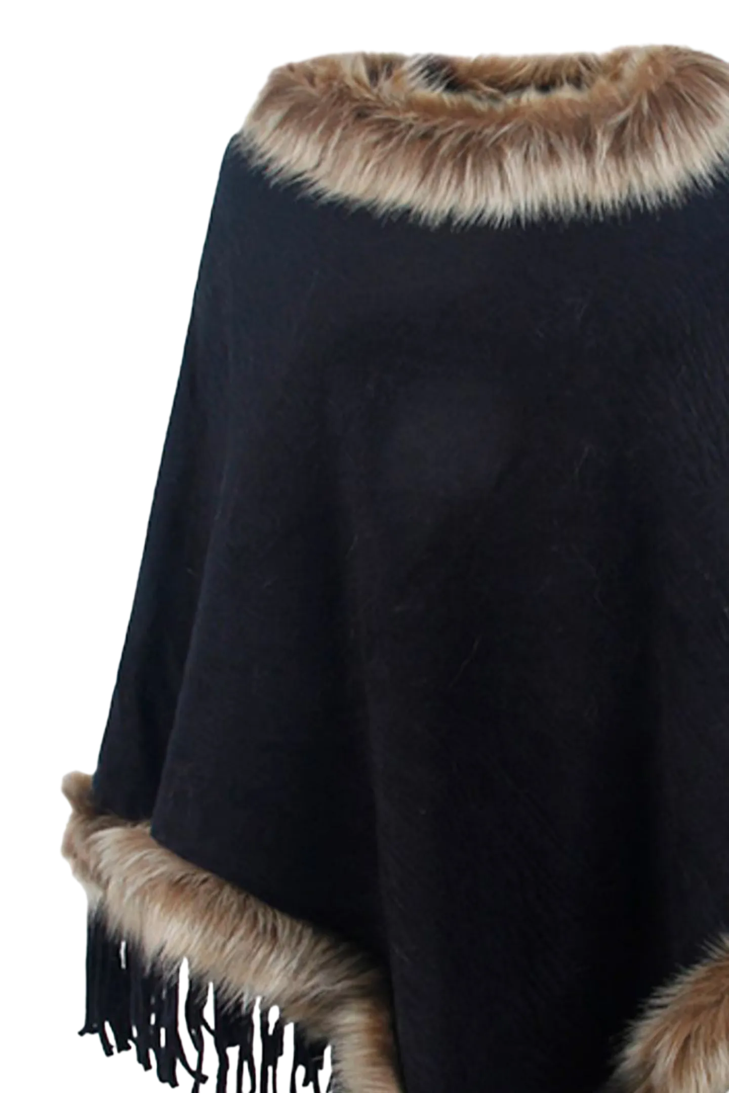 Faux Fur Trim Fringed Poncho