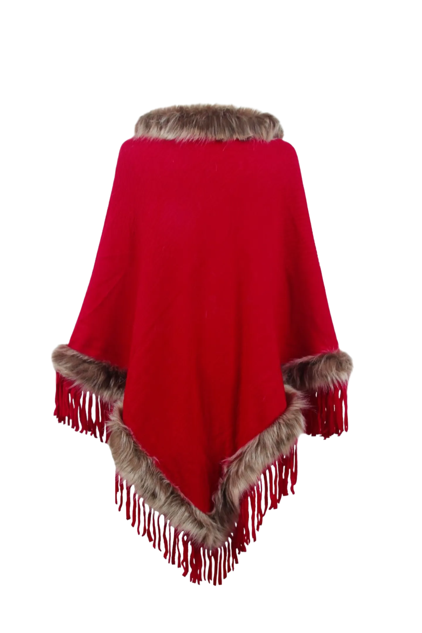 Faux Fur Trim Fringed Poncho