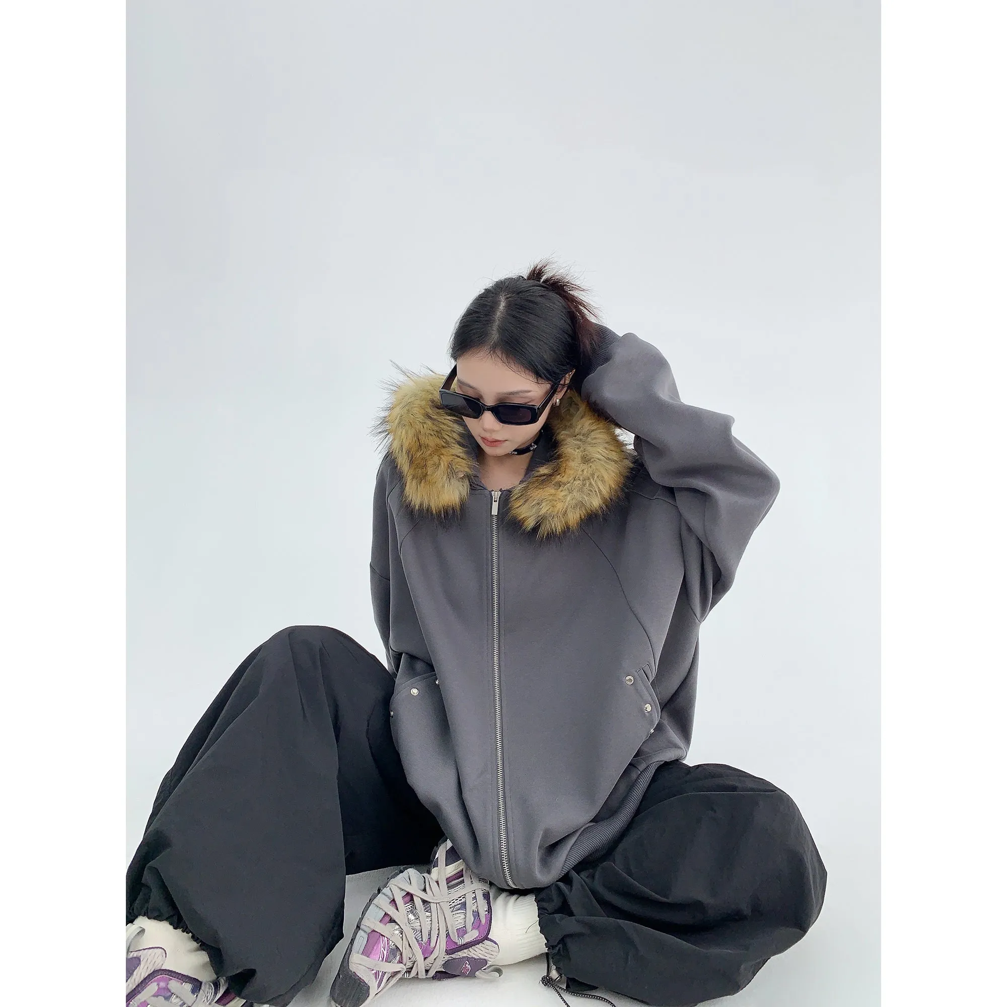 Faux Fur Trim Oversized Hooded Coat