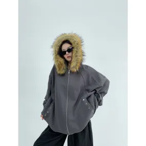 Faux Fur Trim Oversized Hooded Coat