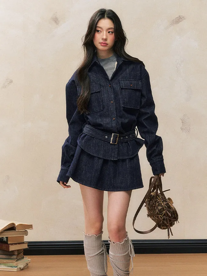 Fleece-Lined Waist-Cinched Denim Jacket Set