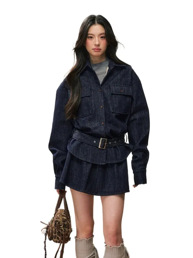 Fleece-Lined Waist-Cinched Denim Jacket Set