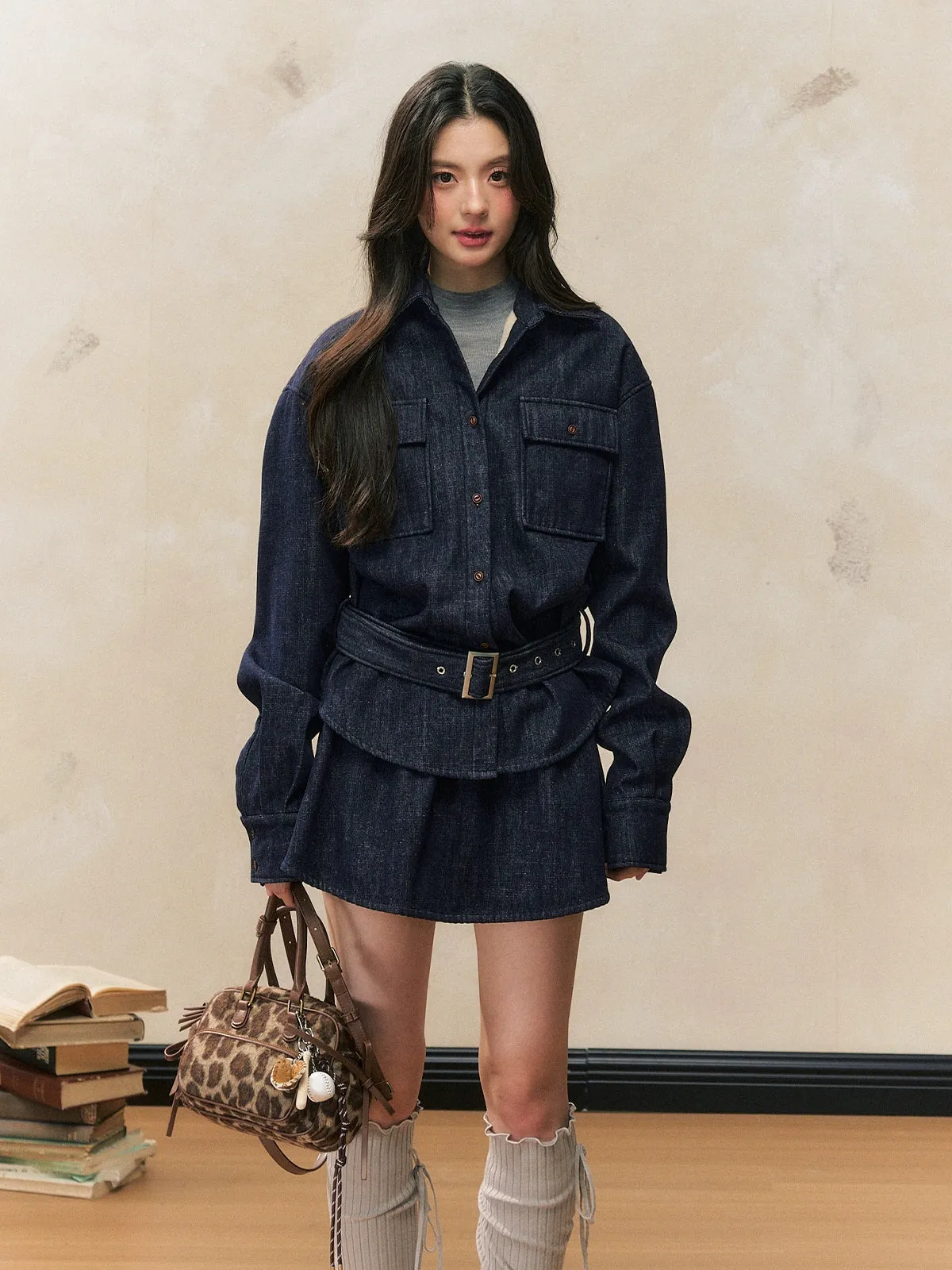 Fleece-Lined Waist-Cinched Denim Jacket Set