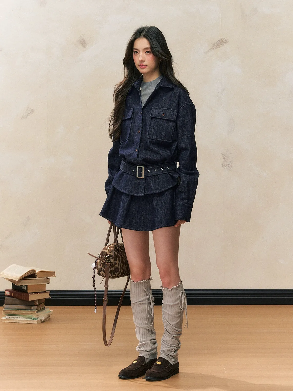 Fleece-Lined Waist-Cinched Denim Jacket Set