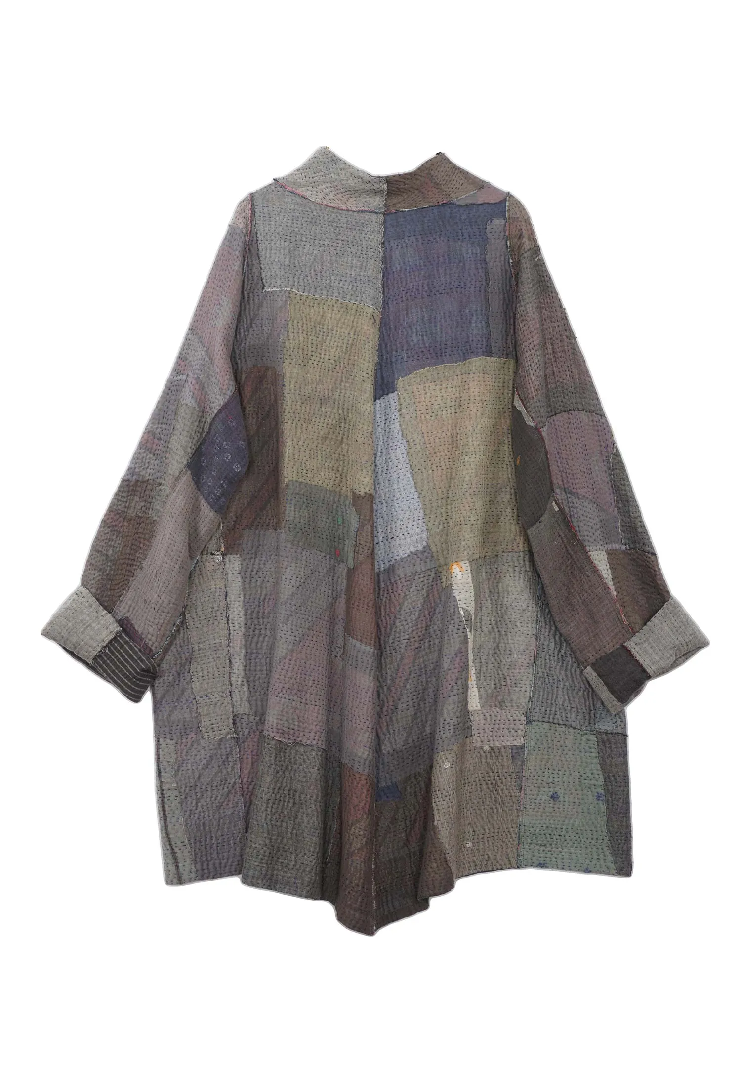 FRAYED PATCH KANTHA FUNNEL COLLAR COAT