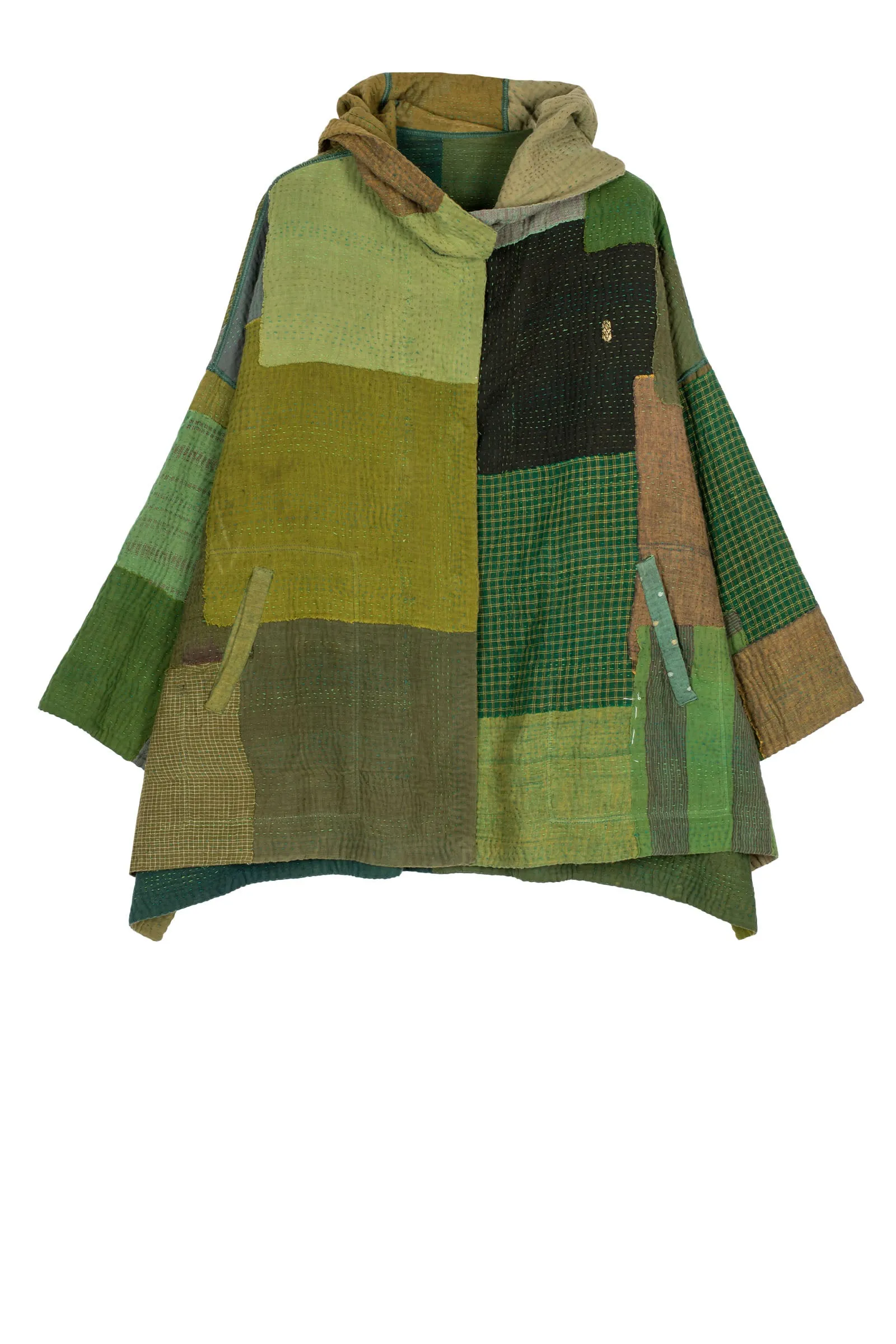 FRAYED PATCH MIX KANTHA HOODIE PONCHO