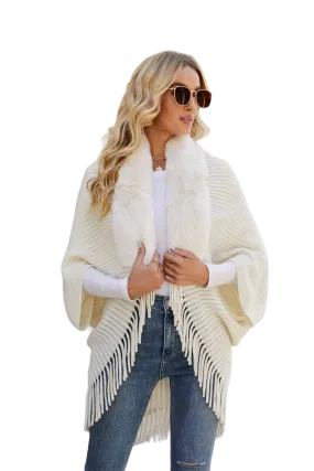 Fringe Detail Long Sleeve Ribbed Poncho