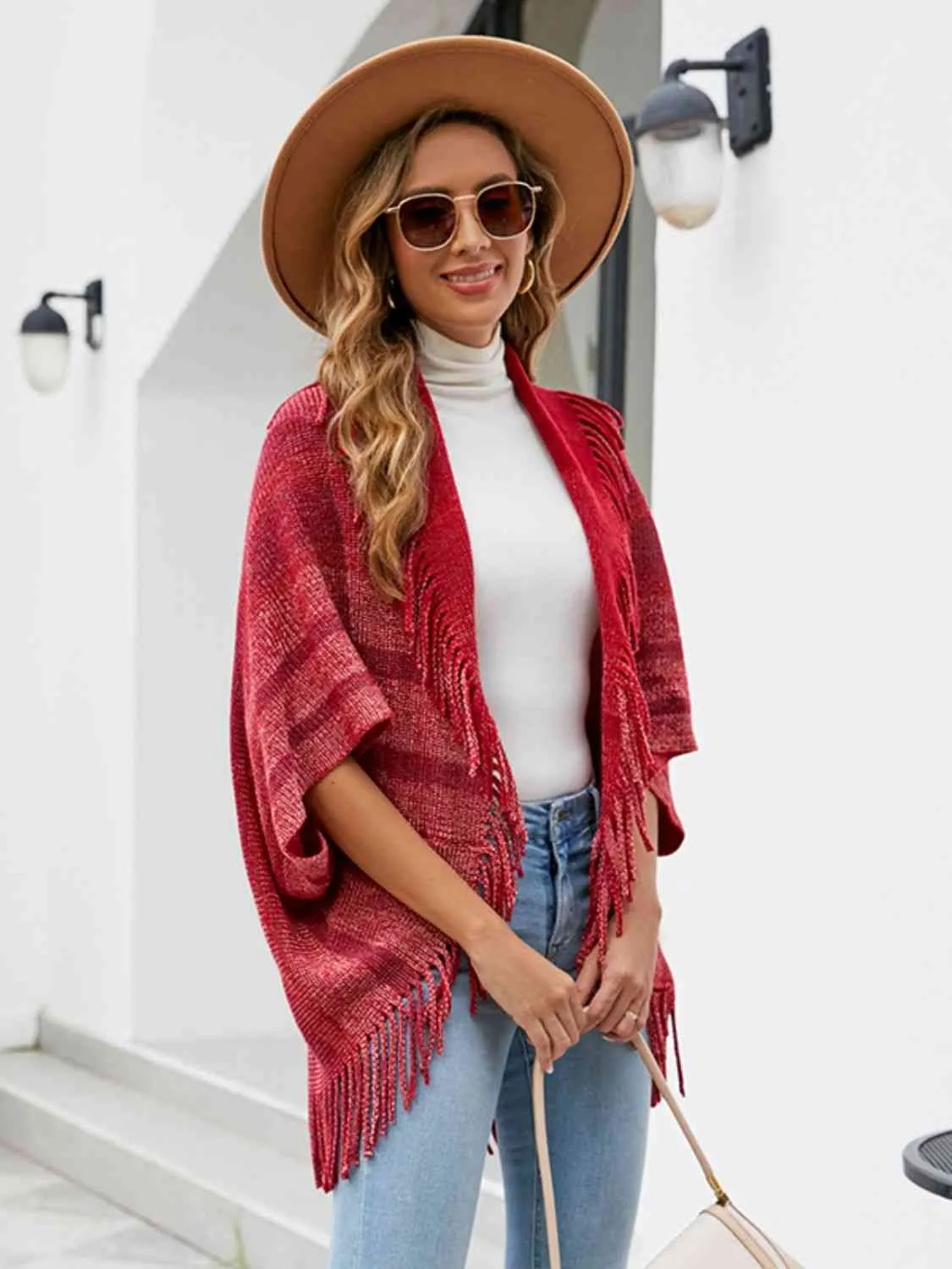 Fringe Detail Open Front Poncho