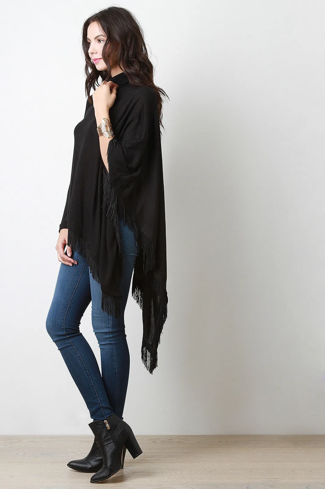 Fringed Turtle Neck Poncho Sweater