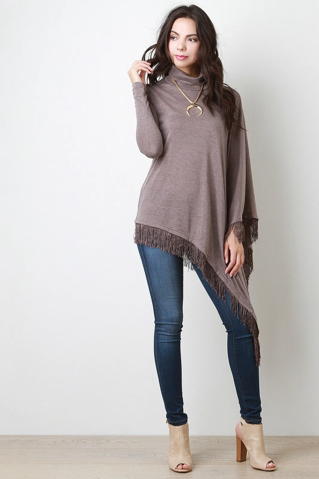 Fringed Turtle Neck Poncho Sweater