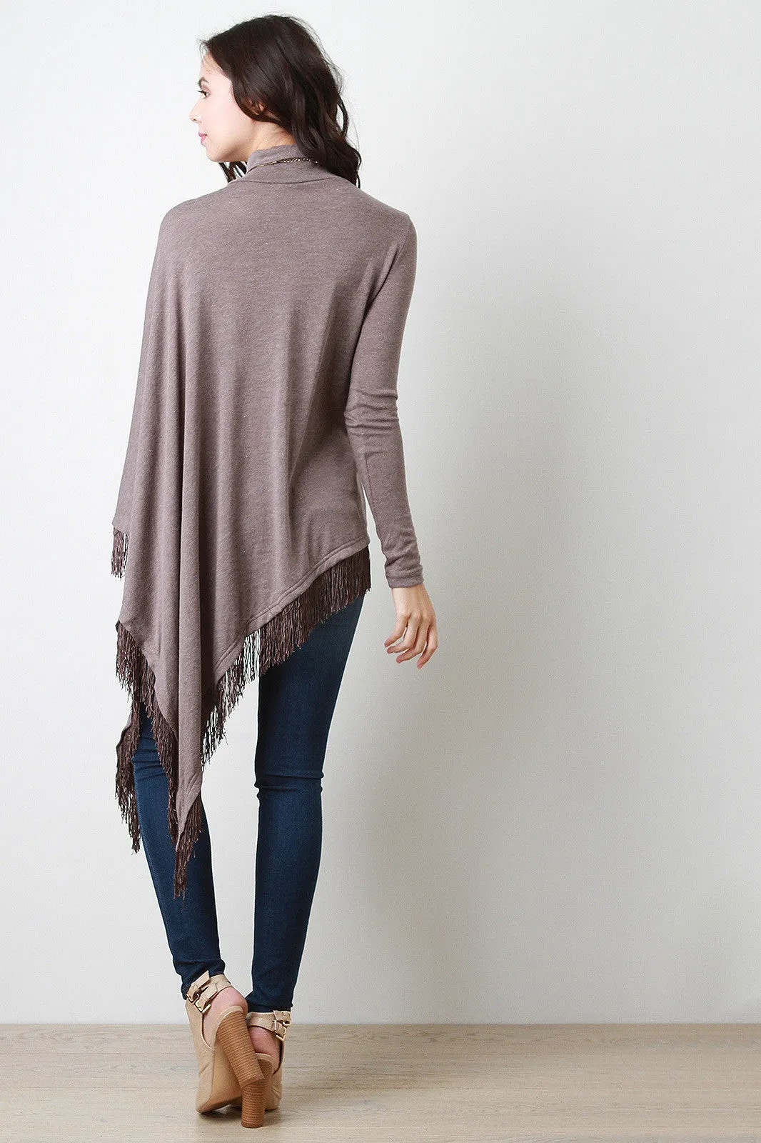 Fringed Turtle Neck Poncho Sweater