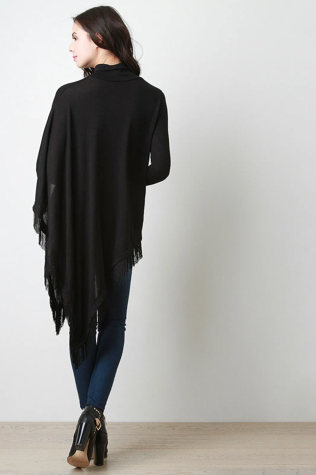 Fringed Turtle Neck Poncho Sweater