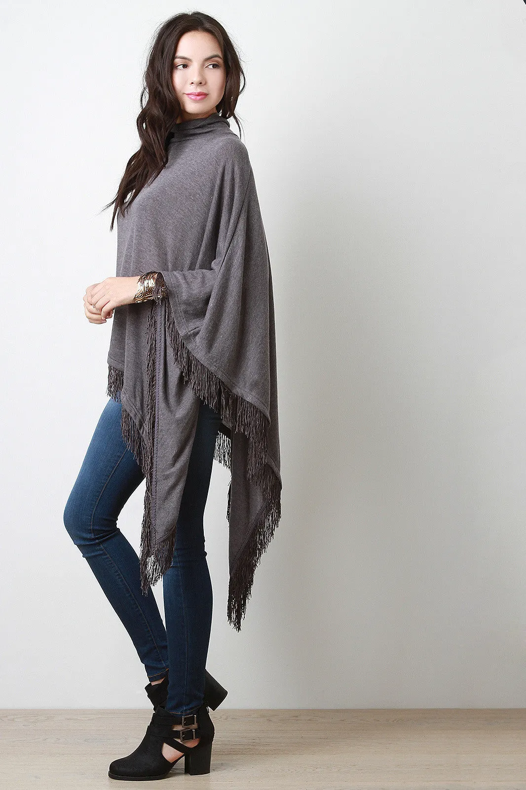 Fringed Turtle Neck Poncho Sweater